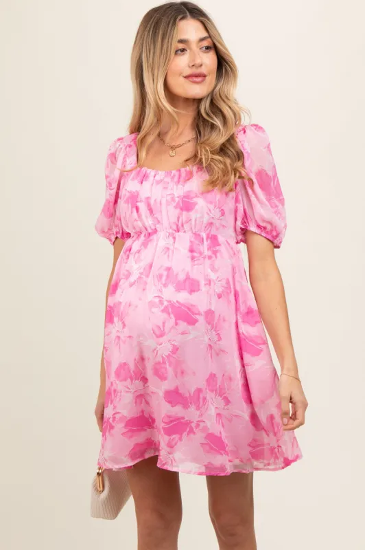 Pink Floral Puff Sleeve Maternity Mini Dress sold by Pinkblush