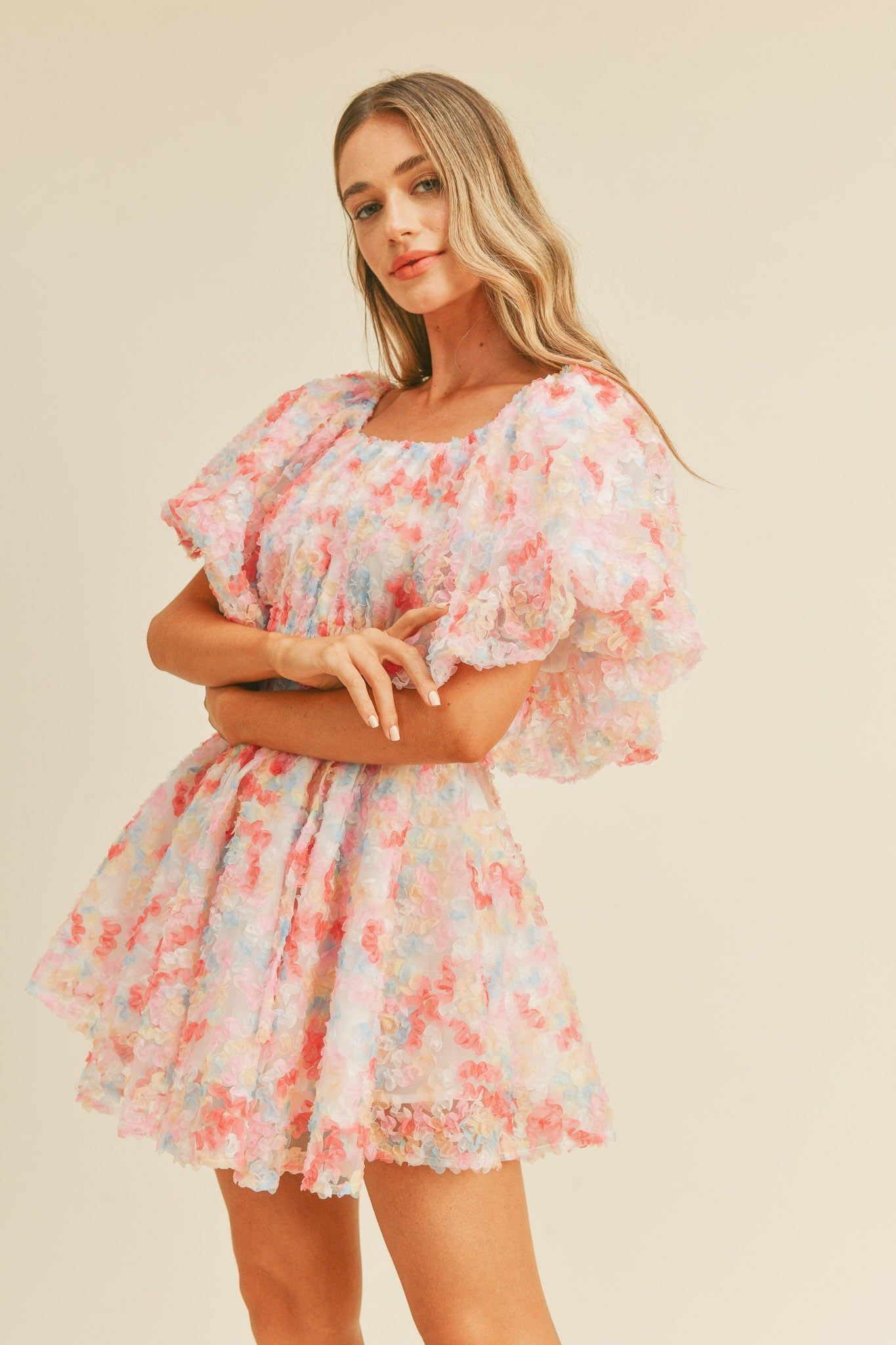 Pink Multi Floral Mesh Flared Mini Dress sold by Pinkblush product image thumbnail 3