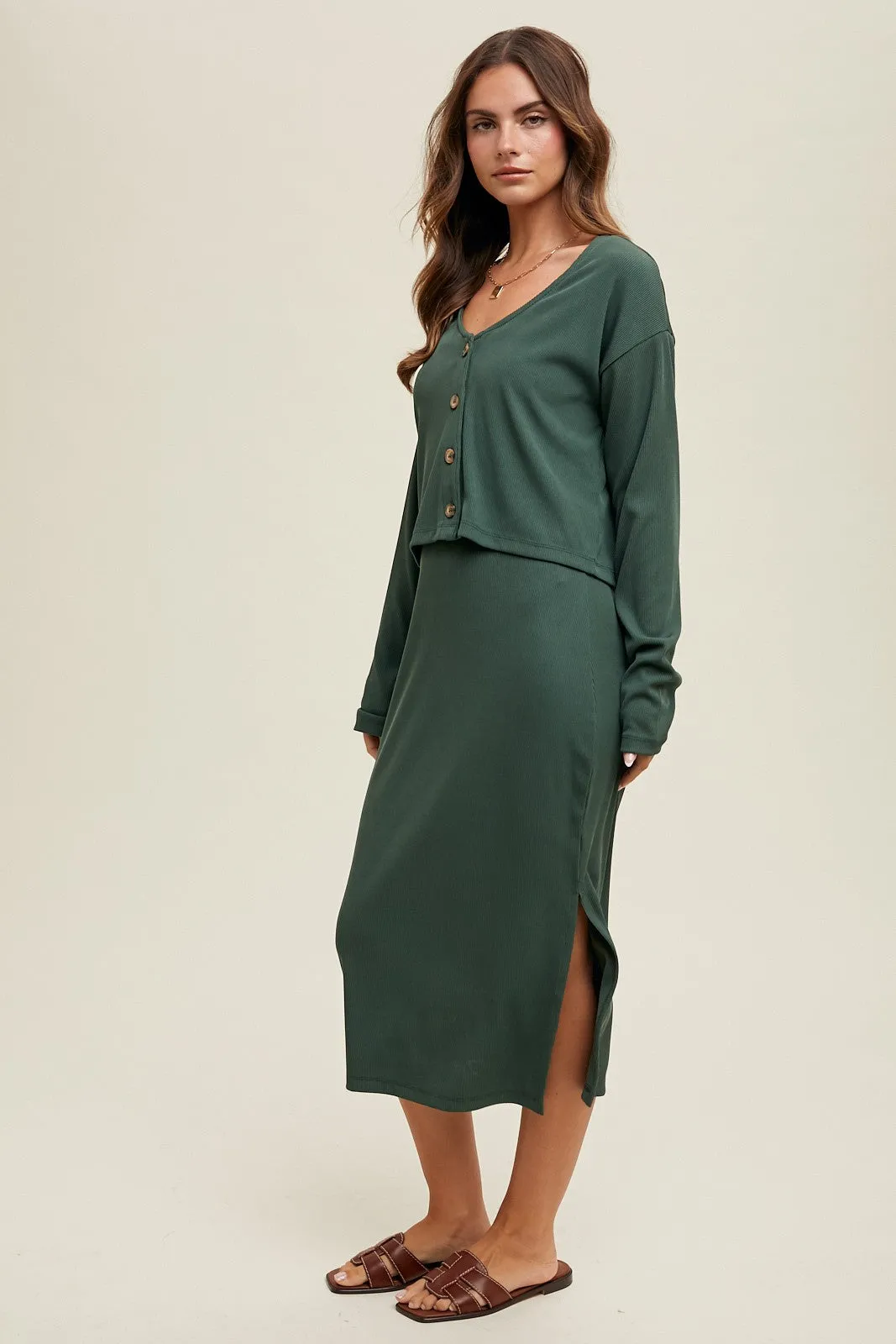 Green Ribbed Knit Cardigan And Dress Set sold by Pinkblush product image thumbnail 3