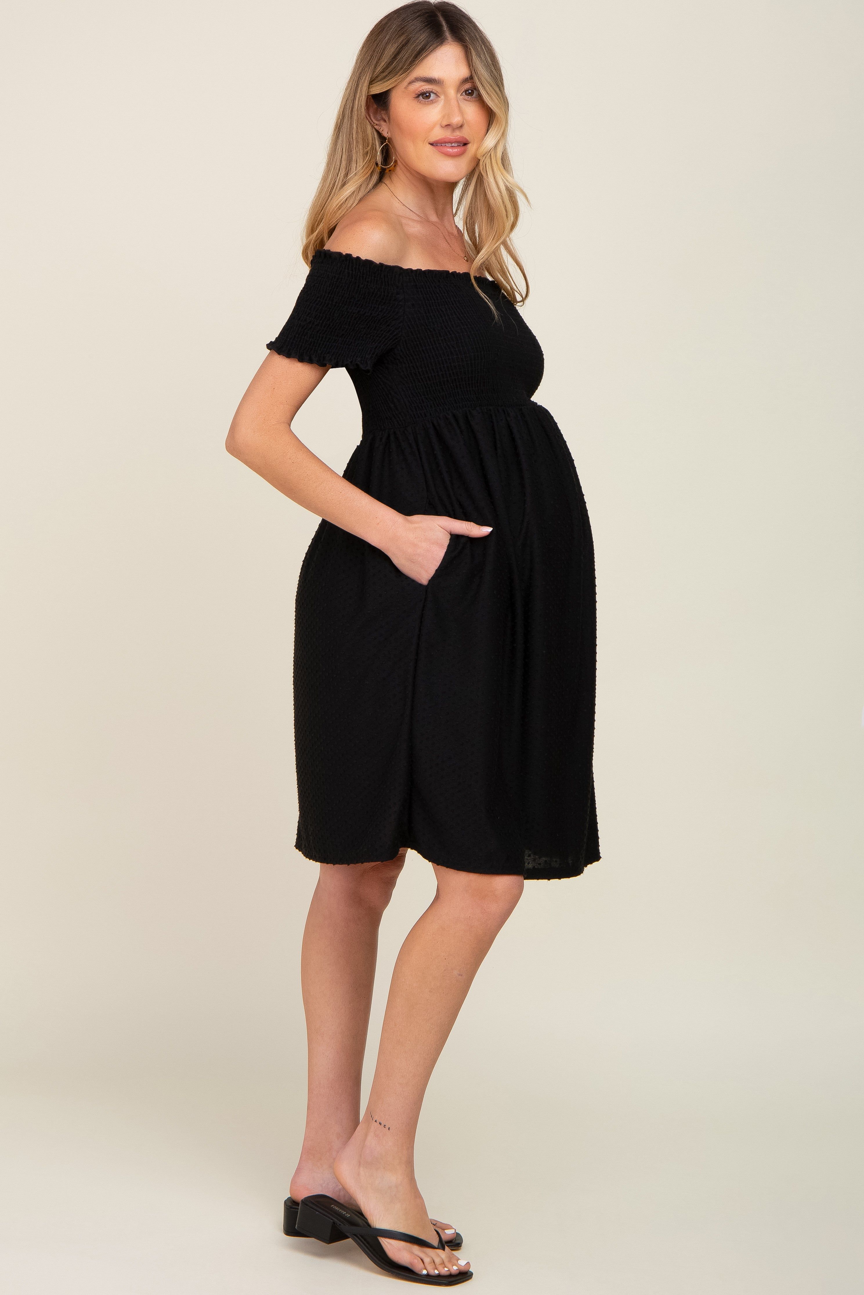 Black Swiss Dot Off Shoulder Maternity Dress sold by Pinkblush product image thumbnail 4