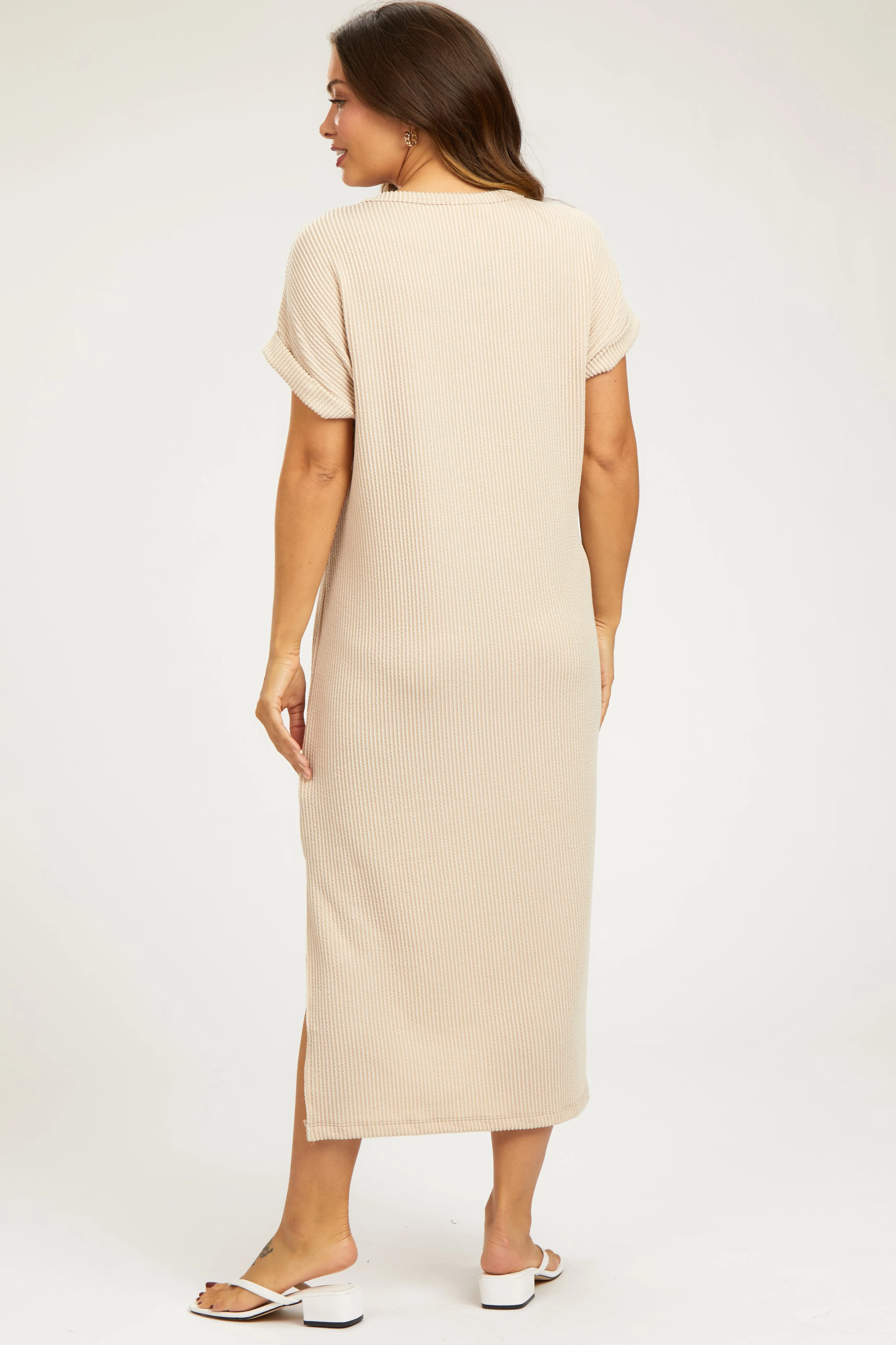Beige Ribbed Short Sleeve Maternity Midi Dress sold by Pinkblush product image thumbnail 3