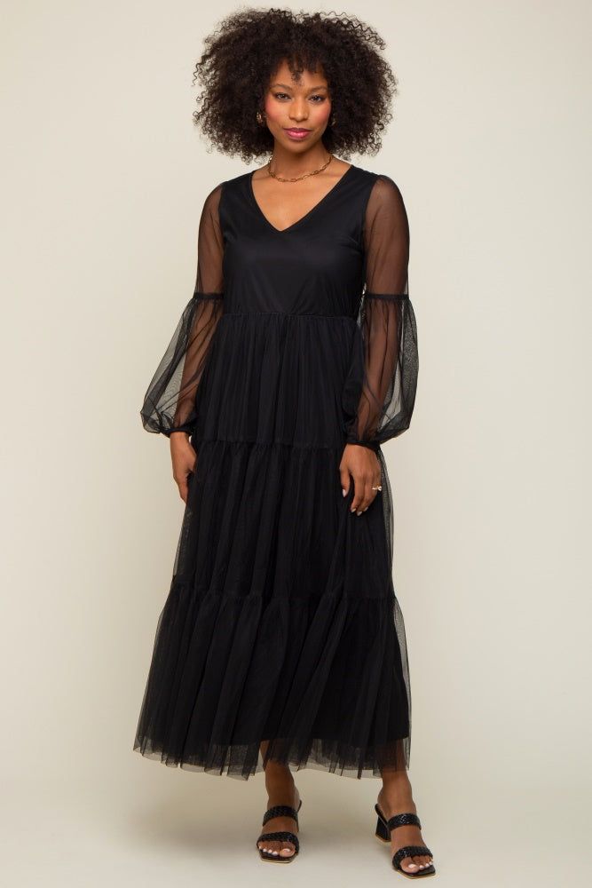 Black Mesh Overlay Tiered Maxi Dress sold by Pinkblush product image thumbnail 4