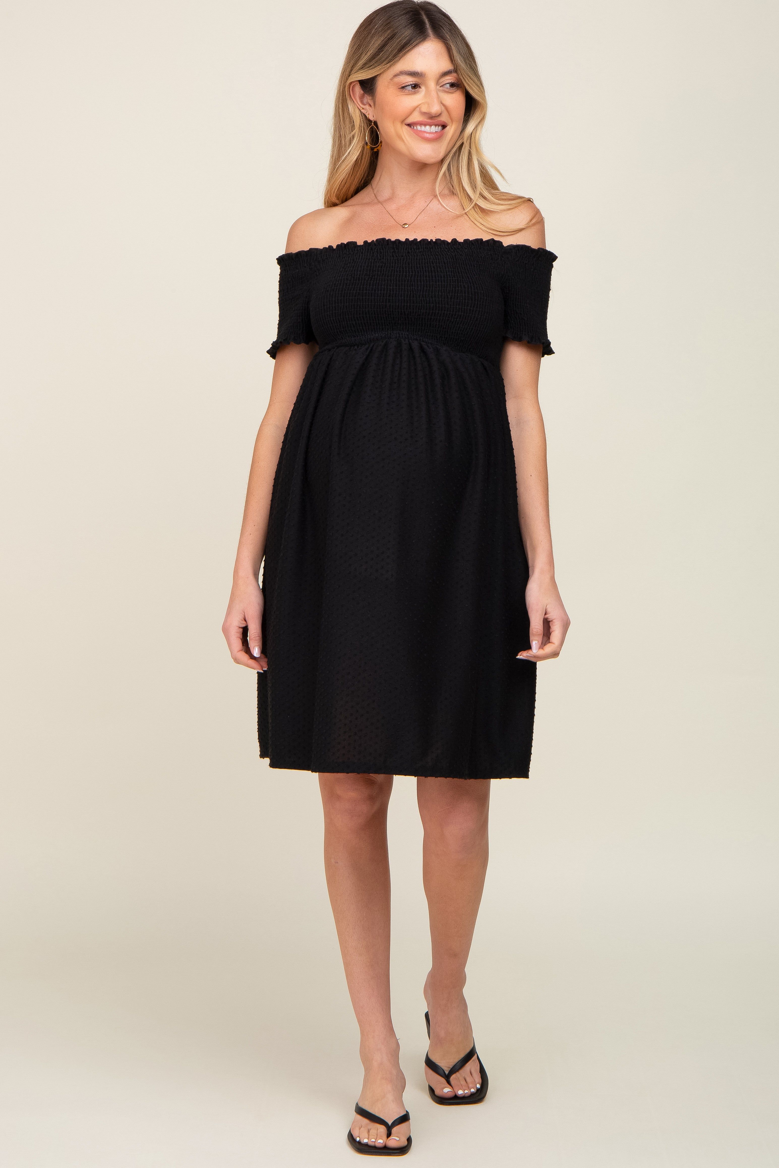 Black Swiss Dot Off Shoulder Maternity Dress sold by Pinkblush product image thumbnail 5