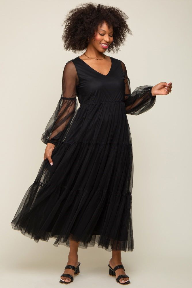 Black Mesh Overlay Tiered Maxi Dress sold by Pinkblush