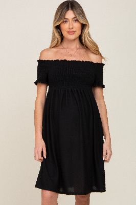 Black Swiss Dot Off Shoulder Maternity Dress sold by Pinkblush