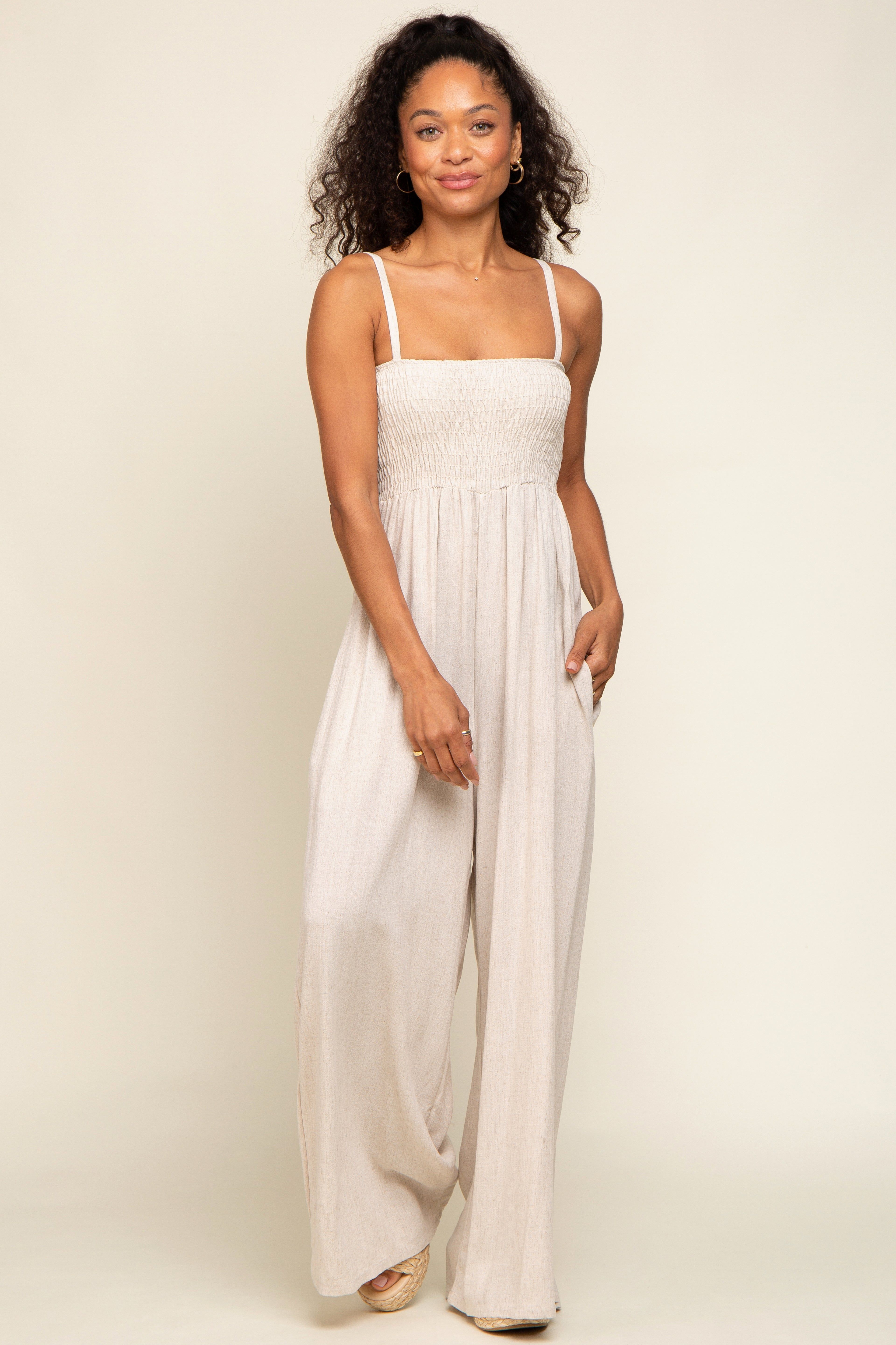 Beige Smocked Linen Wide Leg Jumpsuit sold by Pinkblush product image thumbnail 4