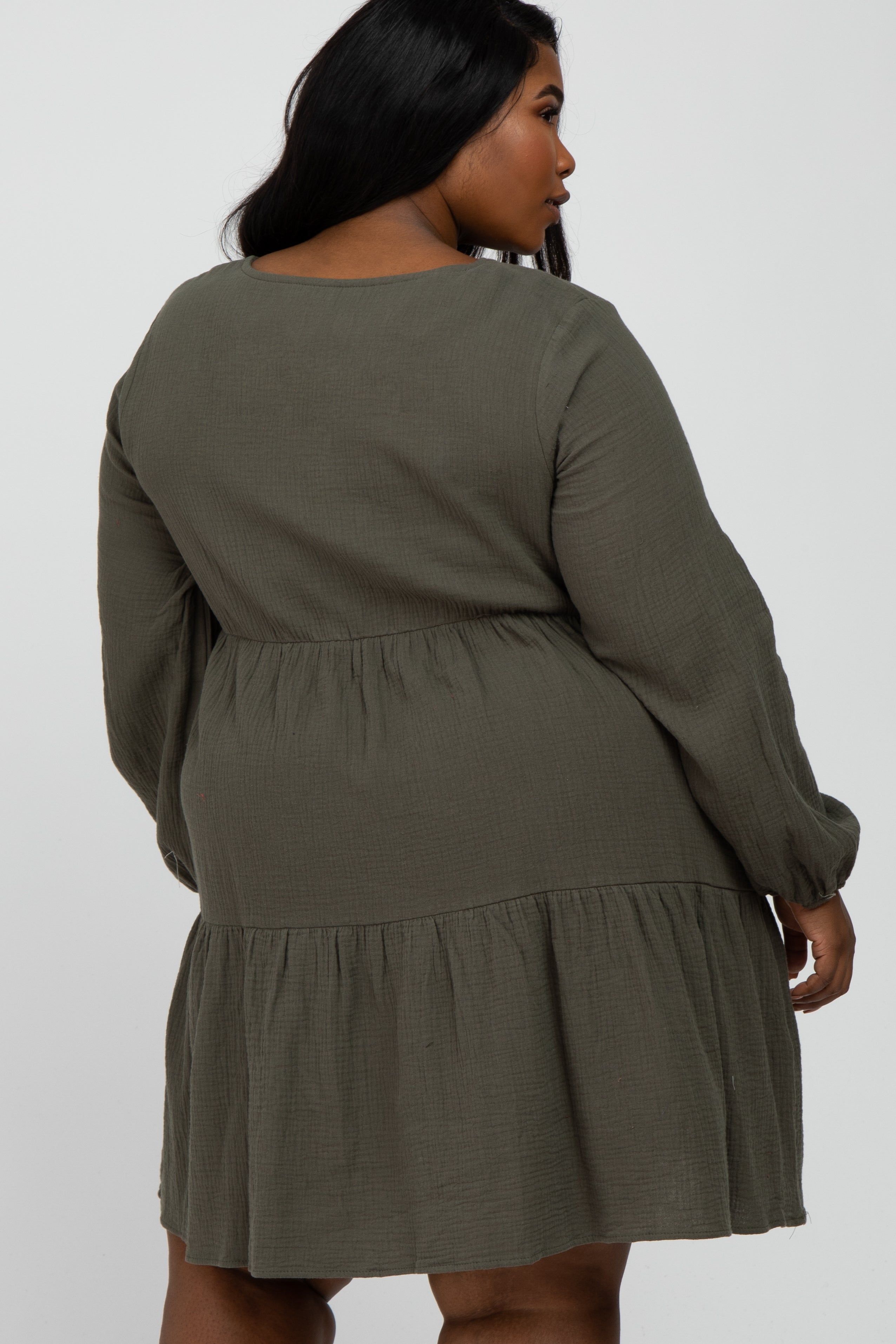 Olive Gauze Button Front Tiered Plus Dress sold by Pinkblush product image thumbnail 4