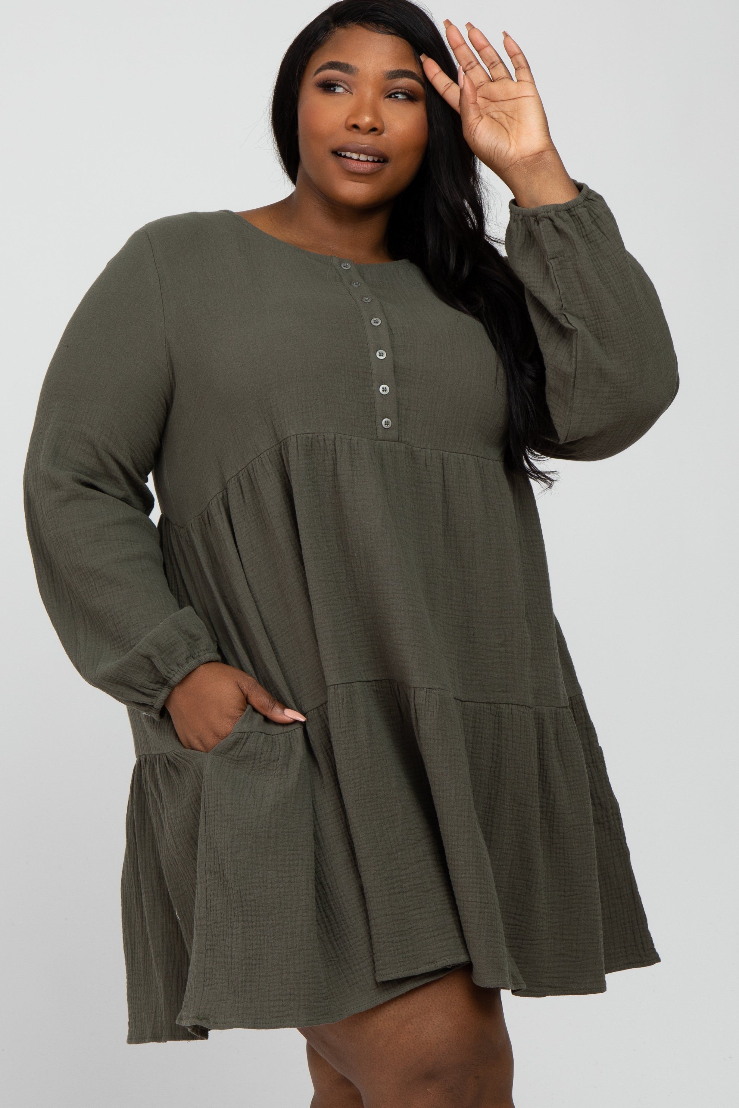 Olive Gauze Button Front Tiered Plus Dress sold by Pinkblush
