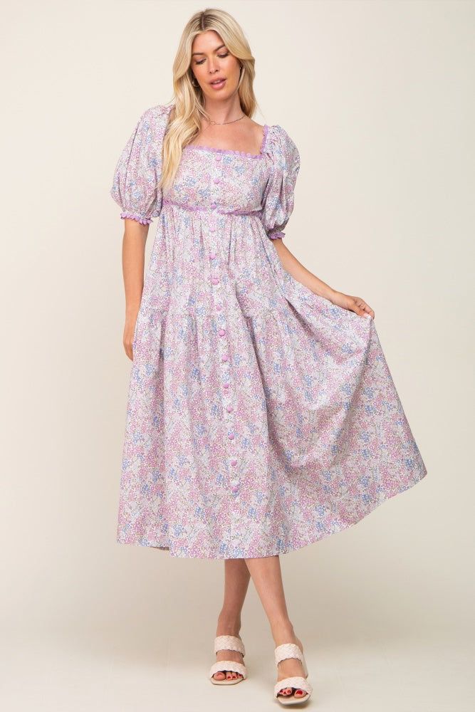 Lavender Floral Front Button Scallop Accent Maternity Midi Dress sold by Pinkblush product image thumbnail 5