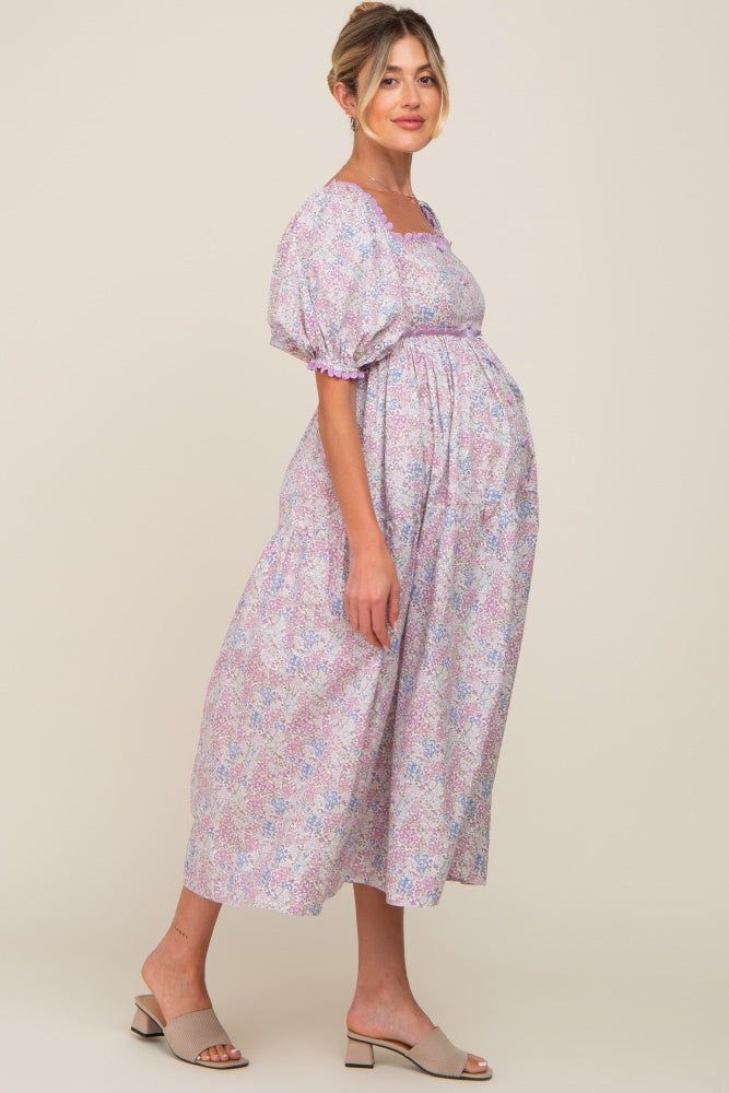 Lavender Floral Front Button Scallop Accent Maternity Midi Dress sold by Pinkblush product image thumbnail 2