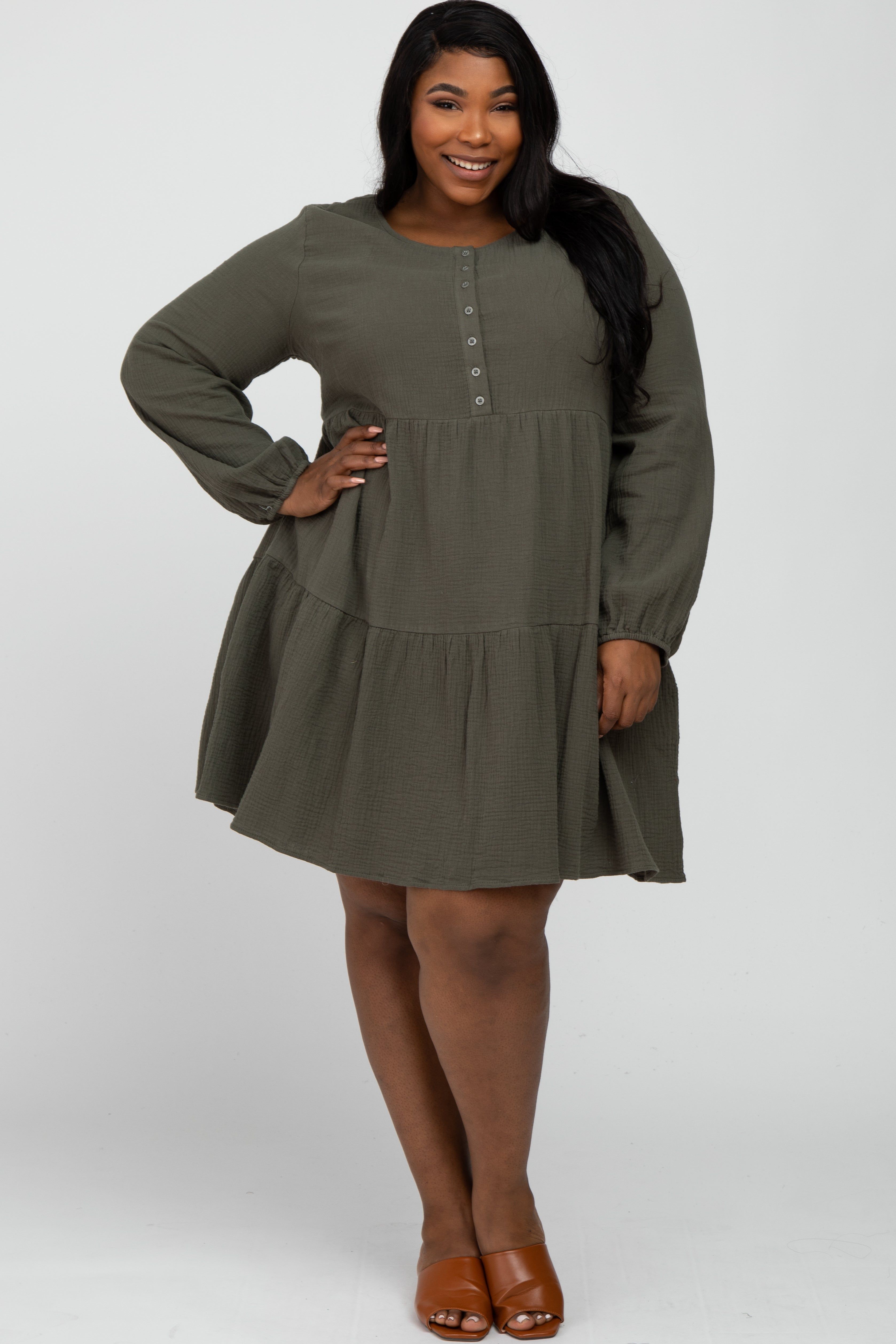 Olive Gauze Button Front Tiered Plus Dress sold by Pinkblush product image thumbnail 2
