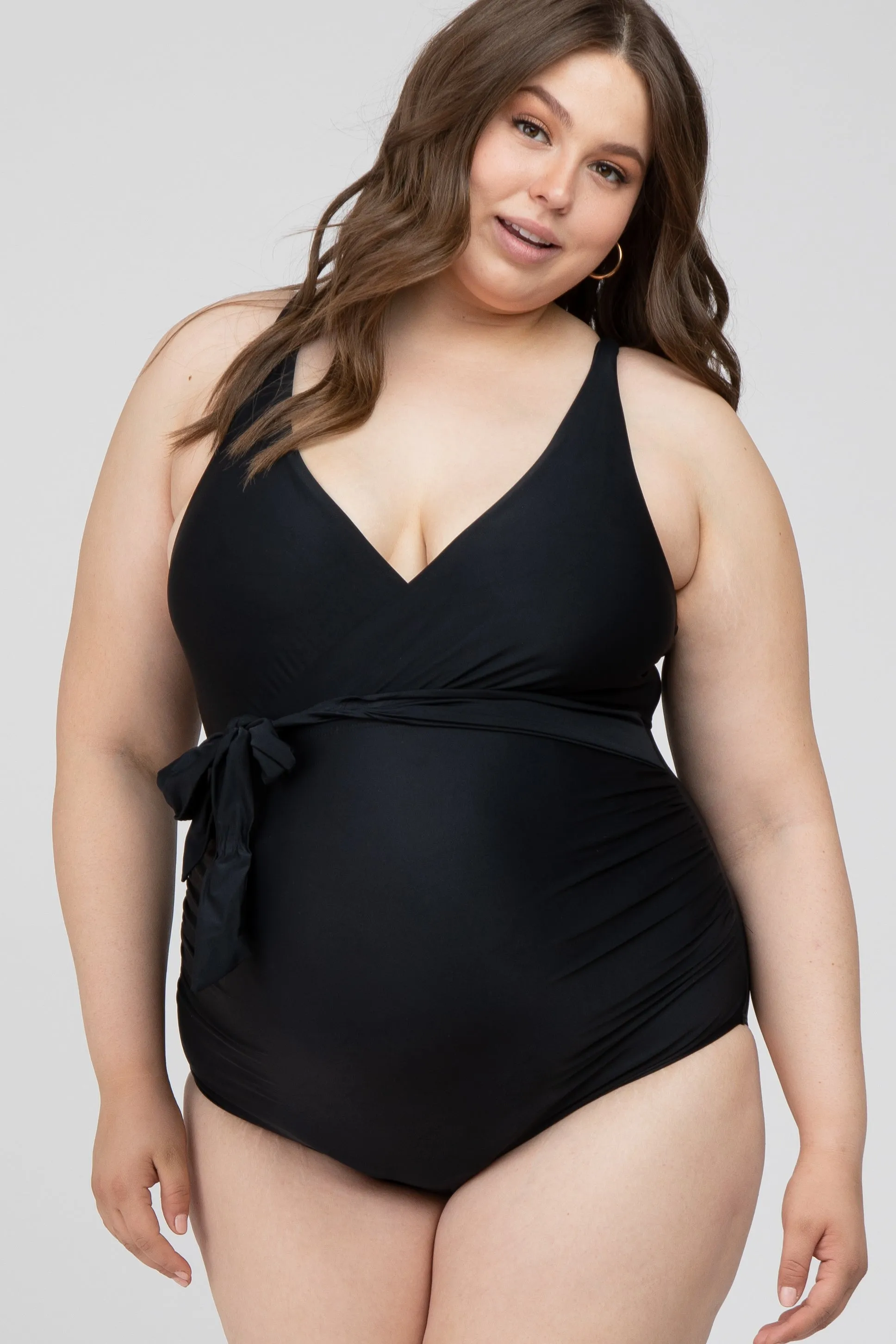 Black Waist Tie Maternity Plus One-Piece Swimsuit sold by Pinkblush