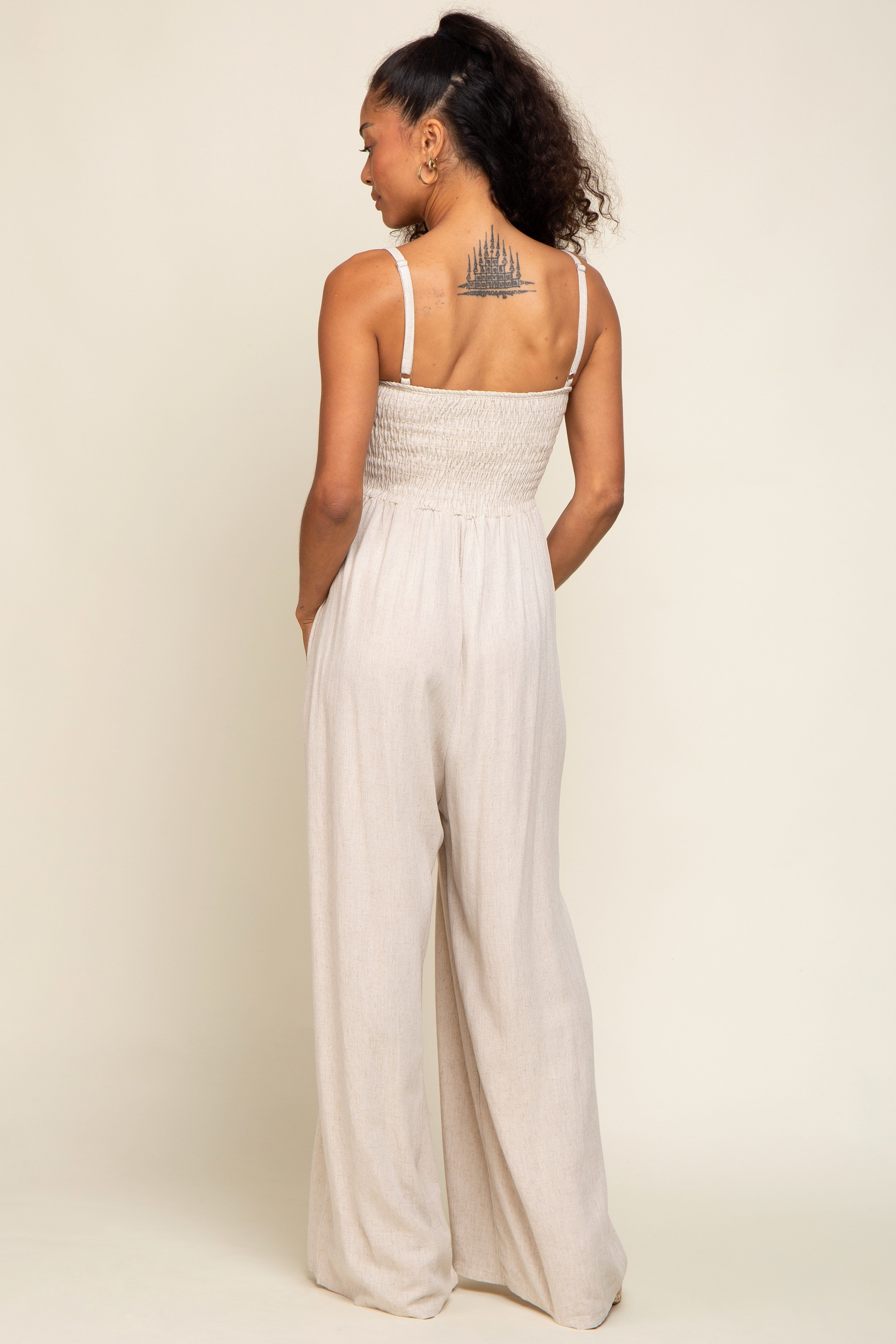 Beige Smocked Linen Wide Leg Jumpsuit sold by Pinkblush product image thumbnail 3