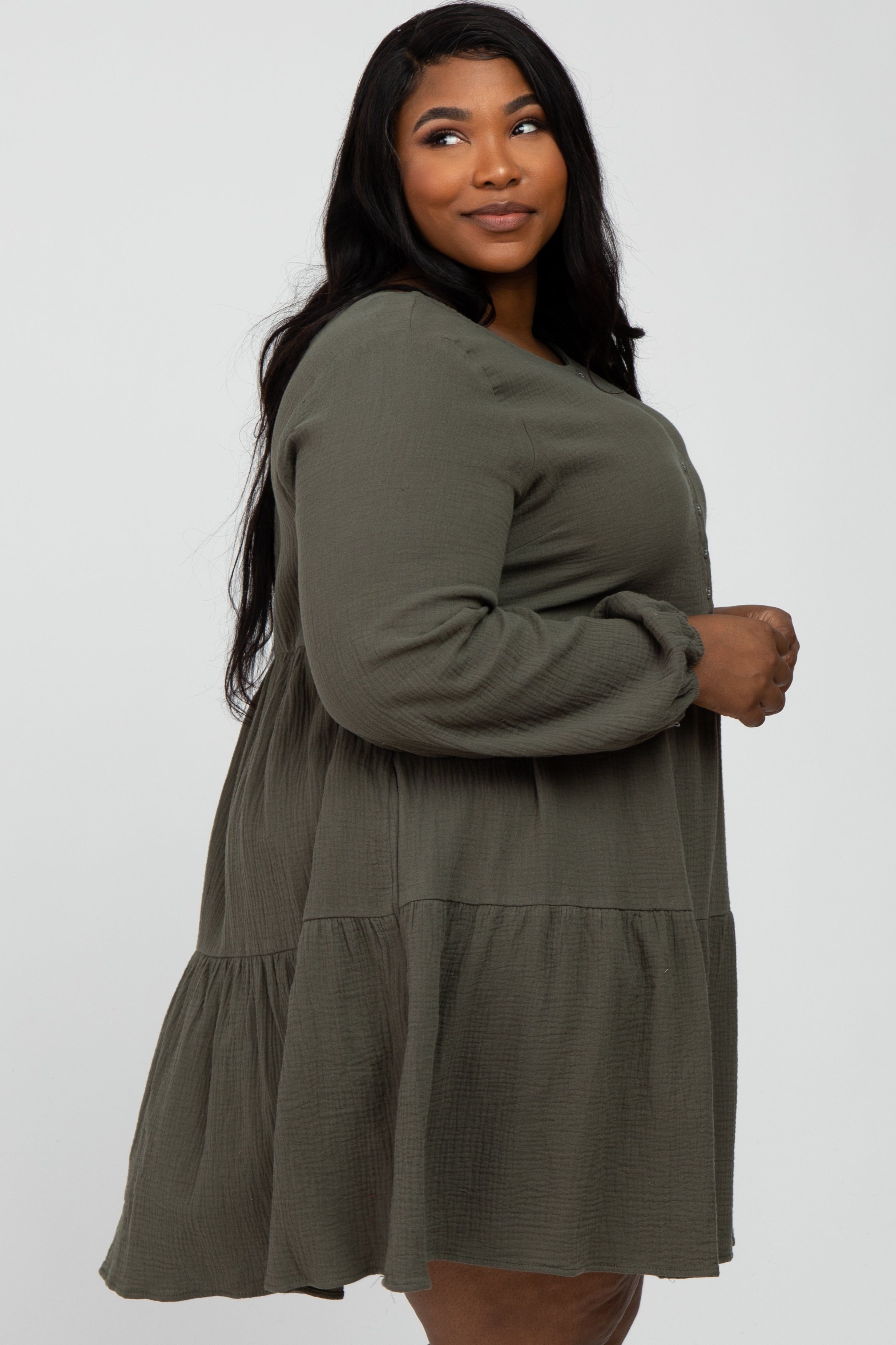 Olive Gauze Button Front Tiered Plus Dress sold by Pinkblush product image thumbnail 3