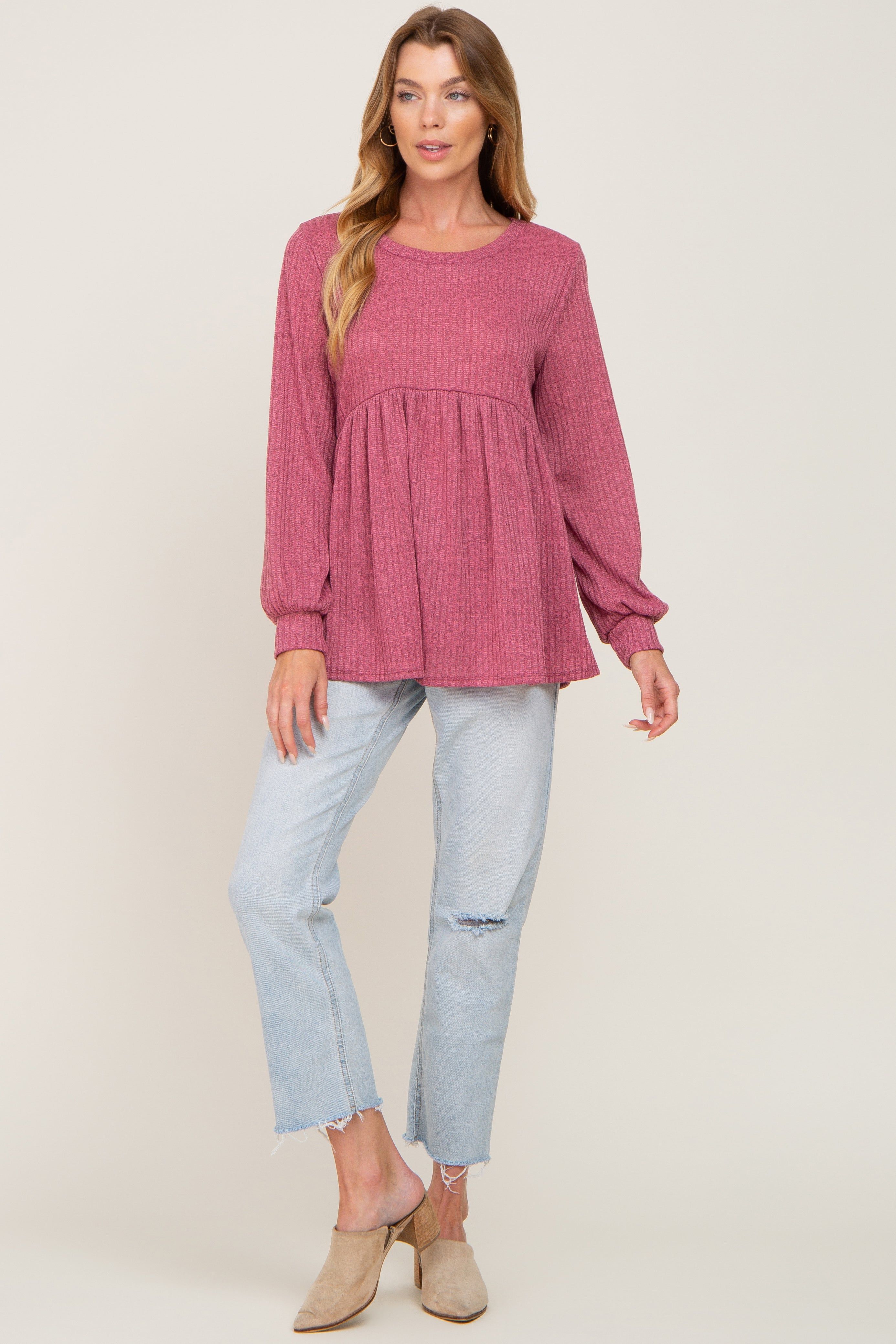 Mauve Knit Ribbed Babydoll Top sold by Pinkblush