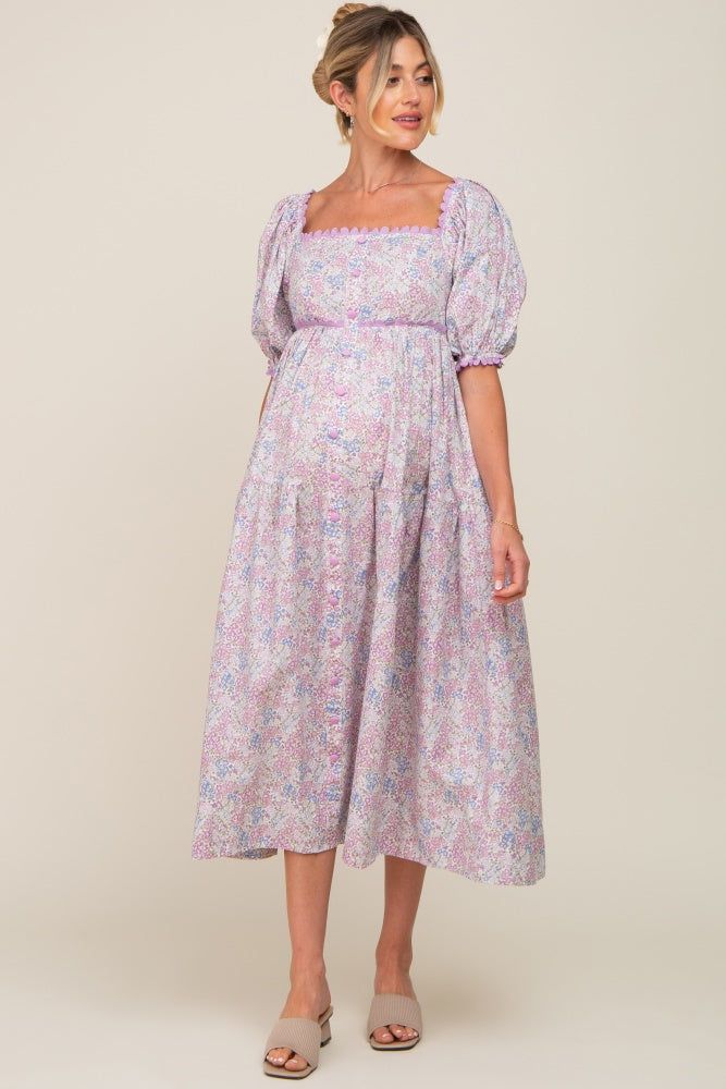 Lavender Floral Front Button Scallop Accent Maternity Midi Dress sold by Pinkblush product image thumbnail 4