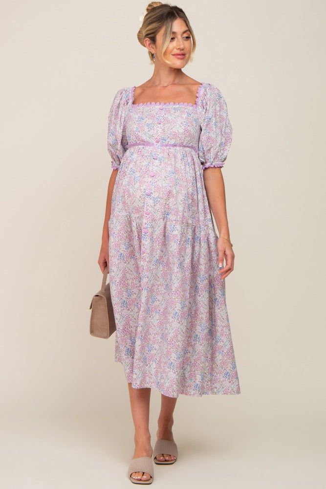 Lavender Floral Front Button Scallop Accent Maternity Midi Dress sold by Pinkblush