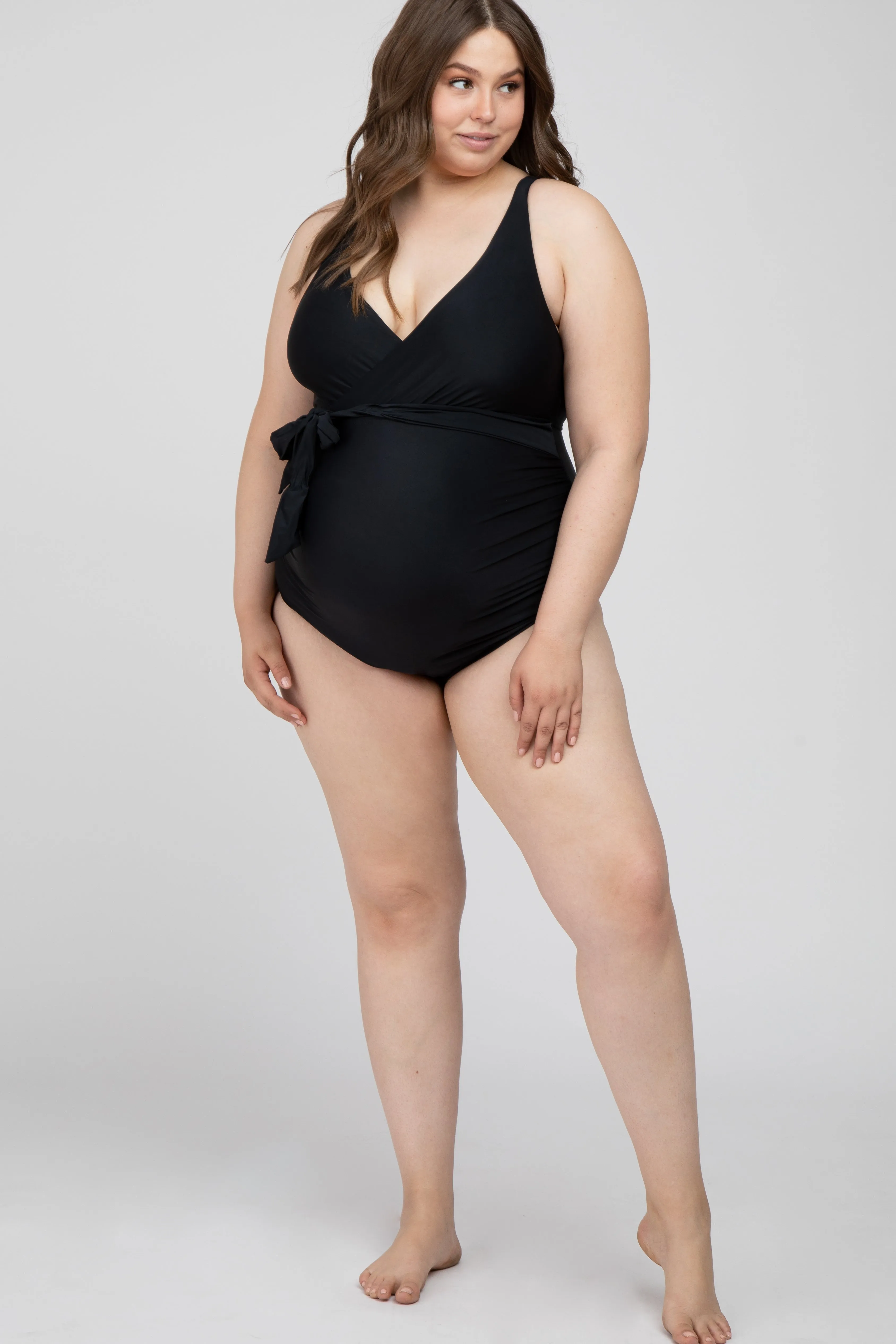 Black Waist Tie Maternity Plus One-Piece Swimsuit sold by Pinkblush product image thumbnail 2
