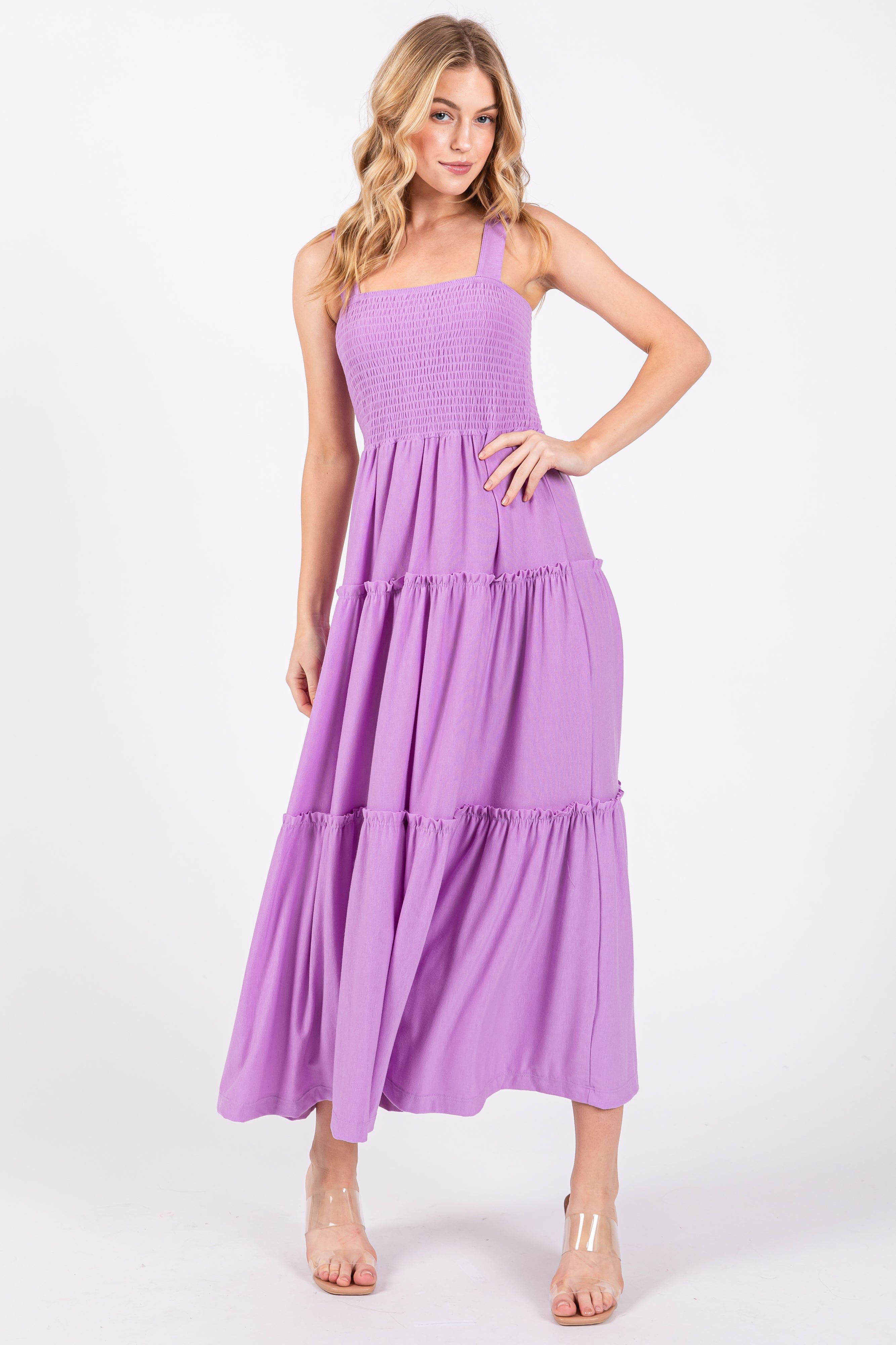 Lavender Sleeveless Tiered Maxi Dress sold by Pinkblush