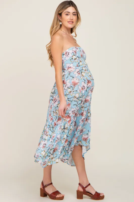 Blue Floral Strapless Handkerchief Maternity Midi Dress sold by Pinkblush