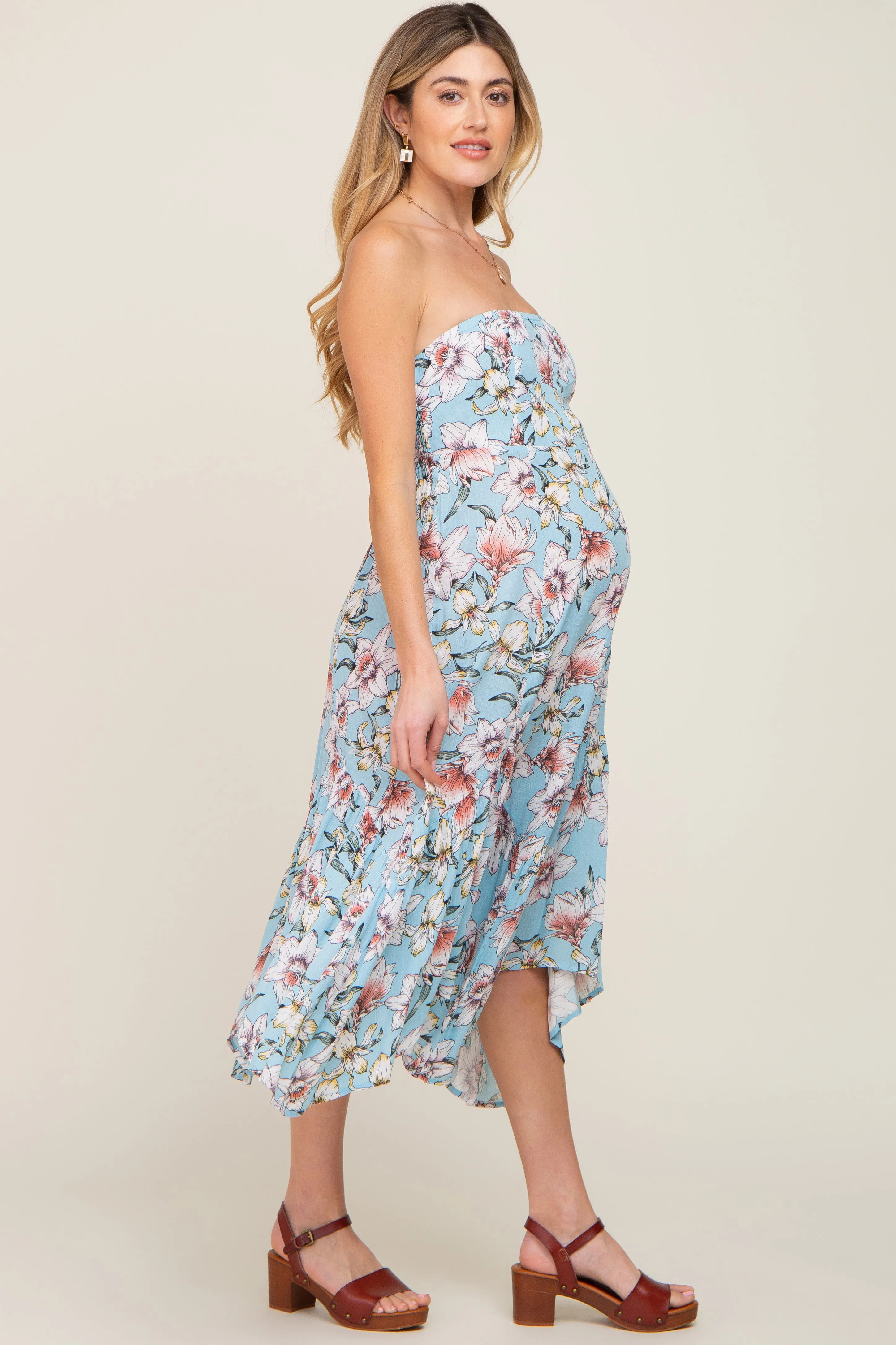 Blue Floral Strapless Handkerchief Maternity Midi Dress sold by Pinkblush