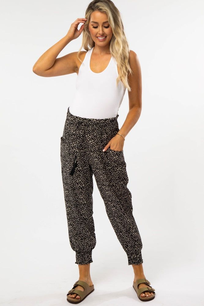 Black Abstract Dot Print Smocked Waist Maternity Pants sold by Pinkblush