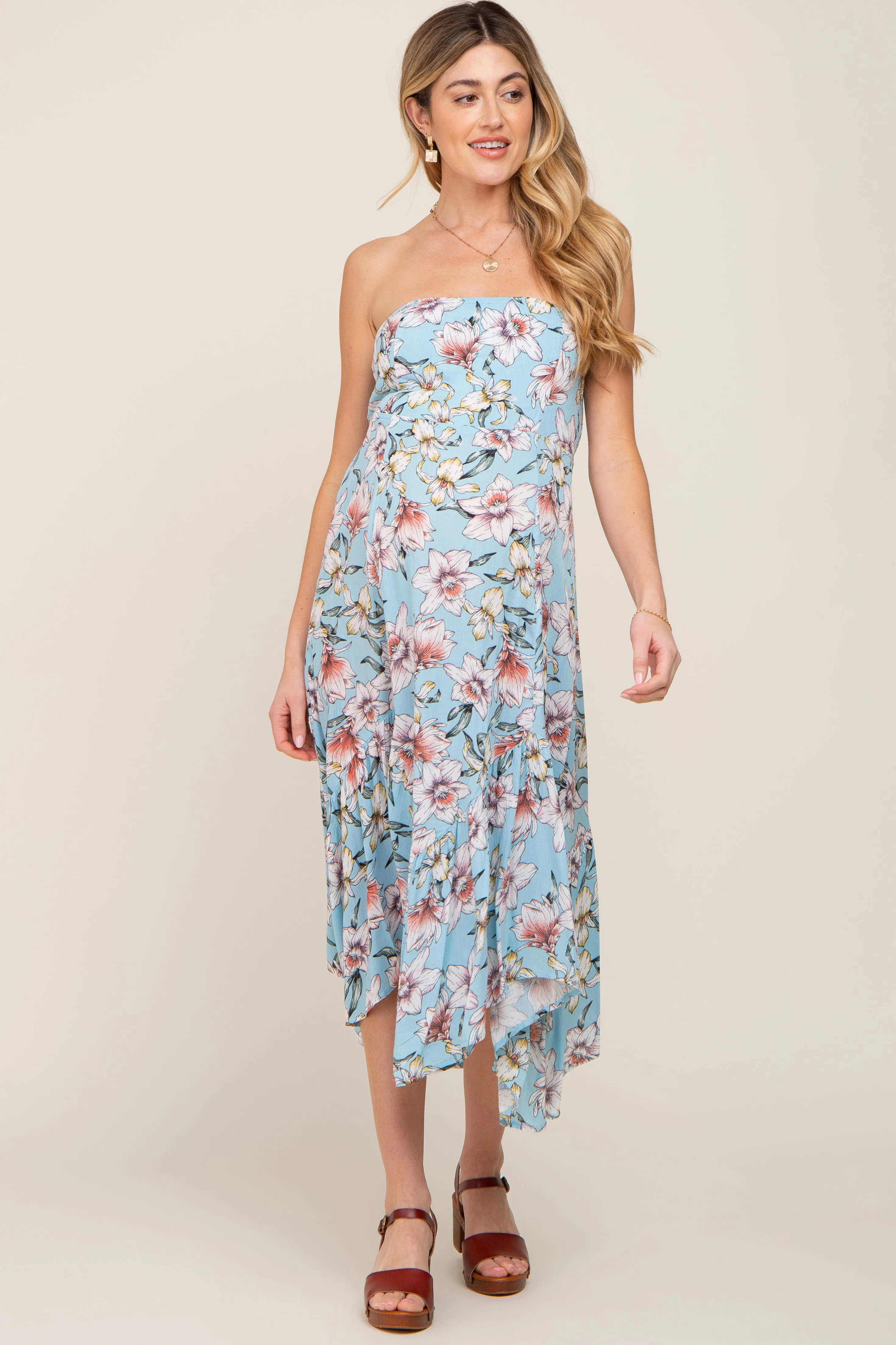 Blue Floral Strapless Handkerchief Maternity Midi Dress sold by Pinkblush product image thumbnail 5