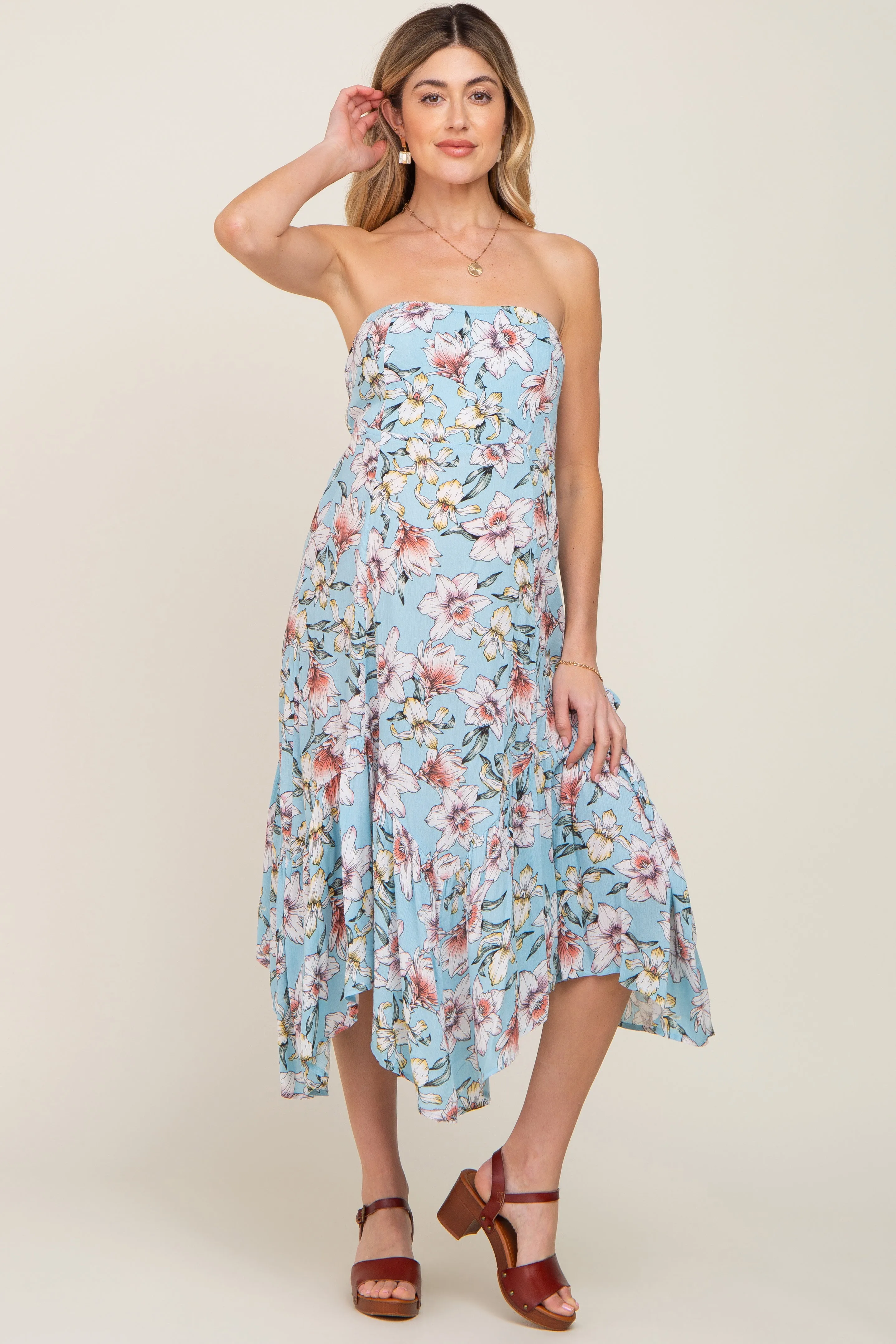Blue Floral Strapless Handkerchief Maternity Midi Dress sold by Pinkblush product image thumbnail 2