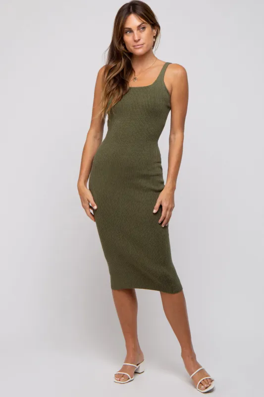 Olive Rib Knit Lace Up Back Midi Dress sold by Pinkblush