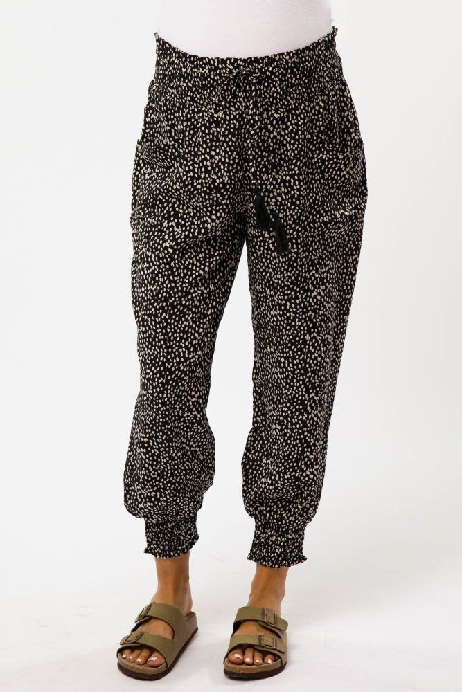 Black Abstract Dot Print Smocked Waist Maternity Pants sold by Pinkblush product image thumbnail 2