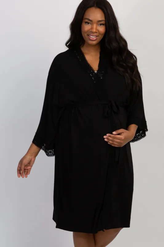 PinkBlush Black Crochet Trim Plus Delivery/Nursing Maternity Robe sold by Pinkblush