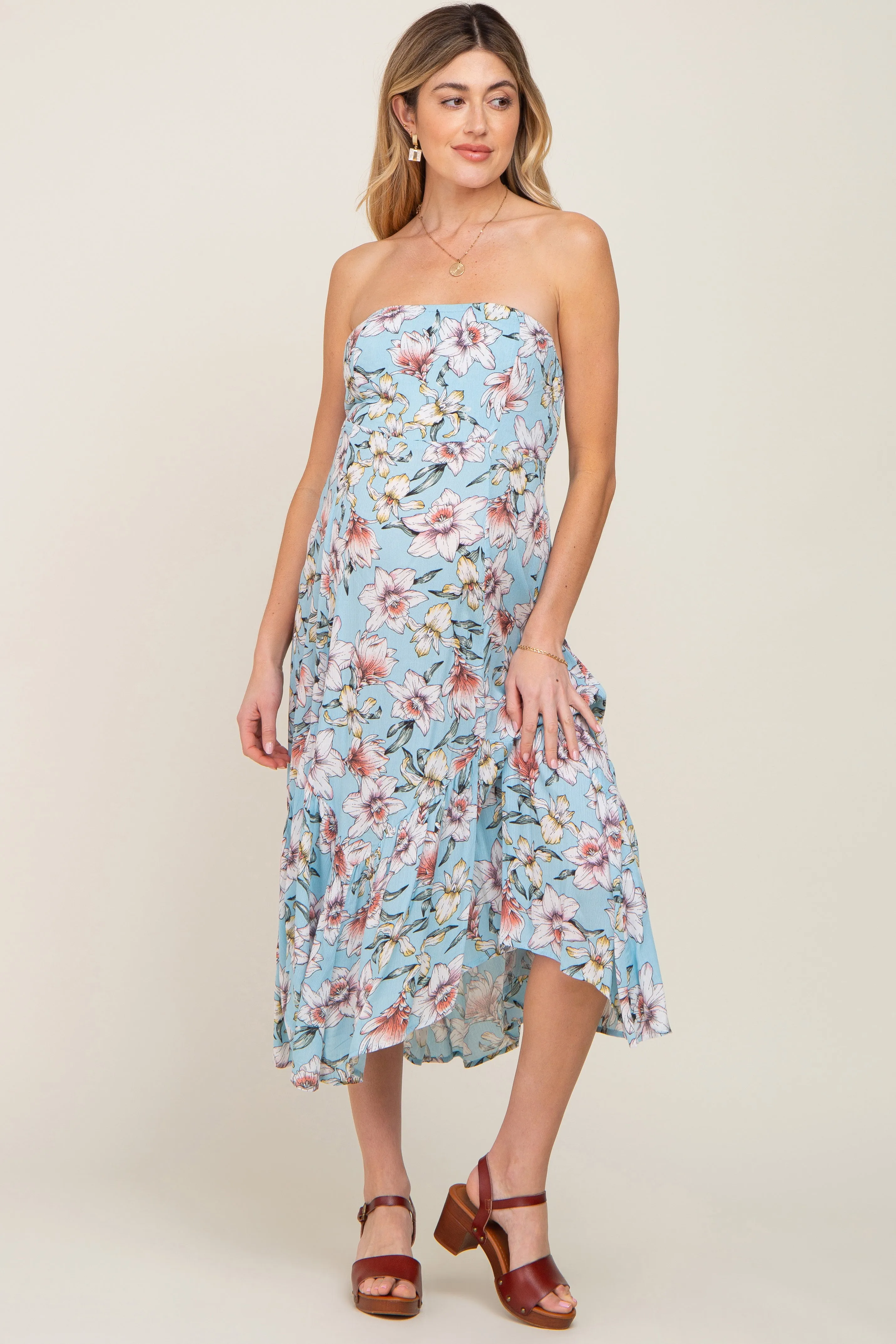 Blue Floral Strapless Handkerchief Maternity Midi Dress sold by Pinkblush product image thumbnail 3