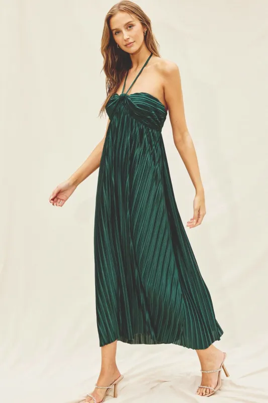 Forest Green Pleated Halter Maxi Dress sold by Pinkblush