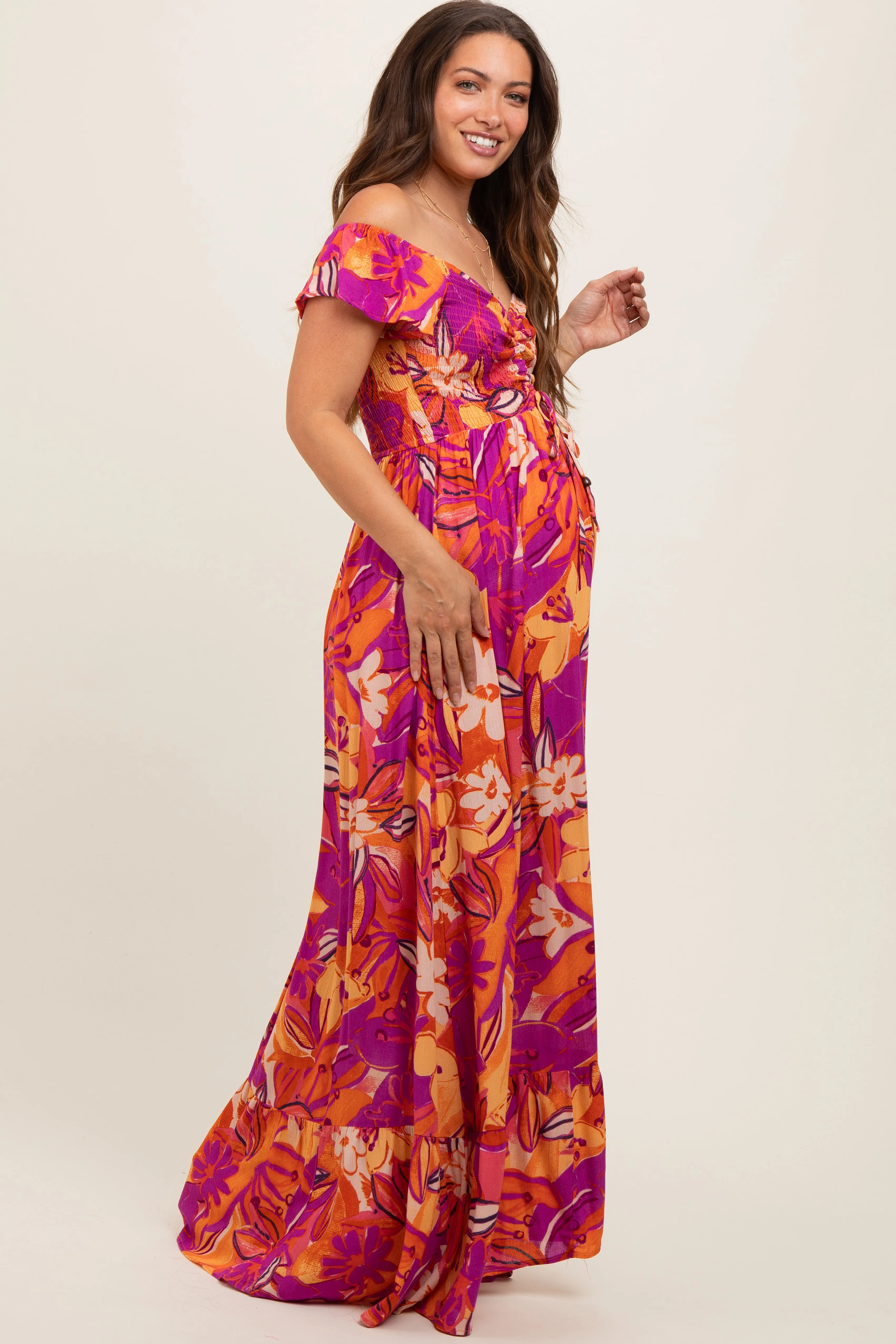Coral Floral Smocked Off Shoulder Maternity Maxi Dress sold by Pinkblush product image thumbnail 3