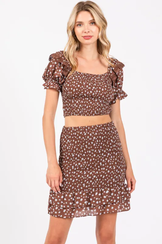 Brown Smocked Ruffled Detail Crop Top Skirt Set sold by Pinkblush