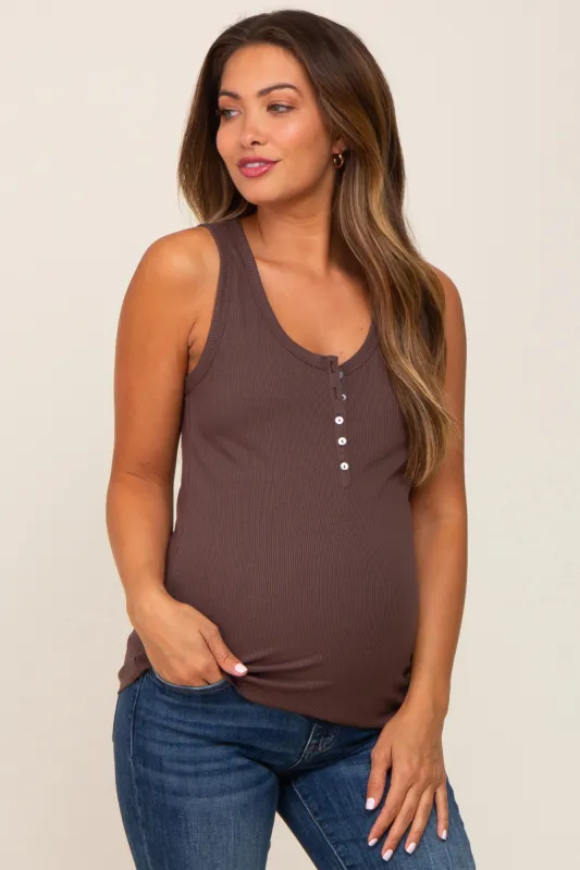 Brown Ribbed Button Front Maternity Tank Top sold by Pinkblush