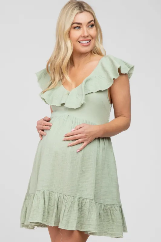 Mint Green Ruffle Back Tie Maternity Mini Dress sold by Pinkblush