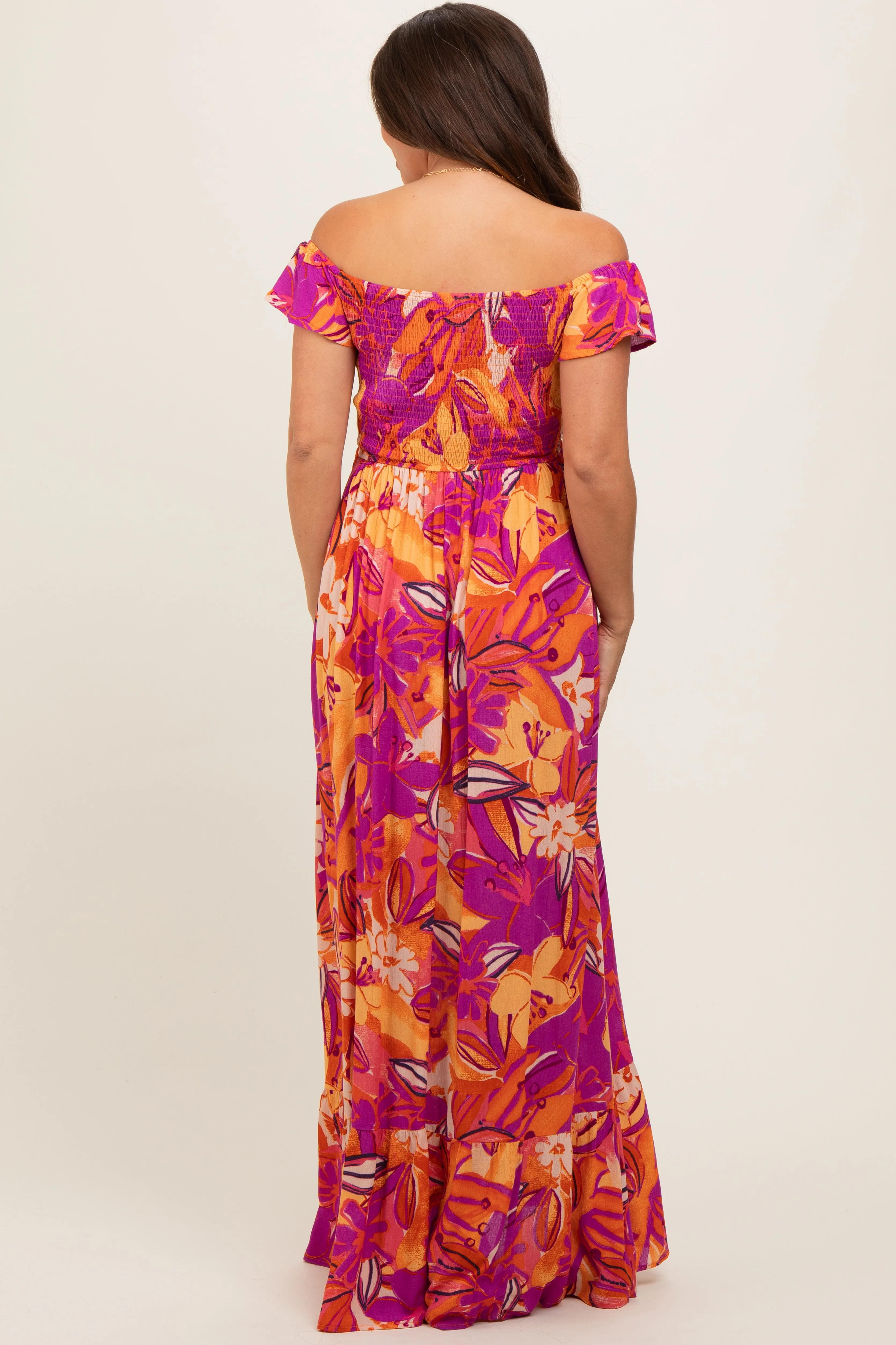 Coral Floral Smocked Off Shoulder Maternity Maxi Dress sold by Pinkblush product image thumbnail 4