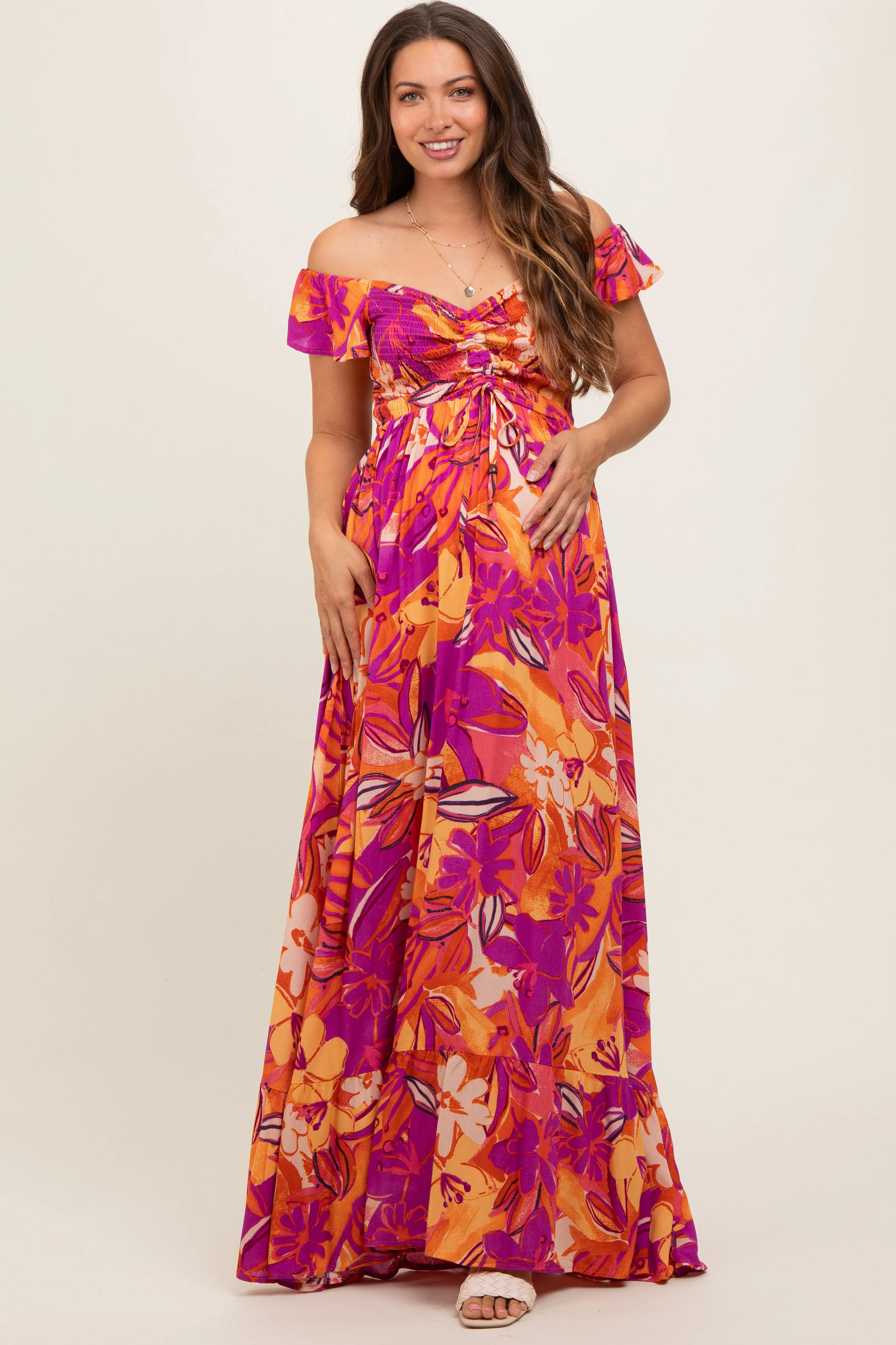 Coral Floral Smocked Off Shoulder Maternity Maxi Dress sold by Pinkblush