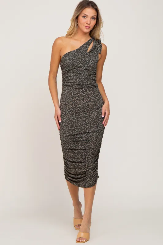 Forest Green Floral One Shoulder Ruched Midi Dress sold by Pinkblush