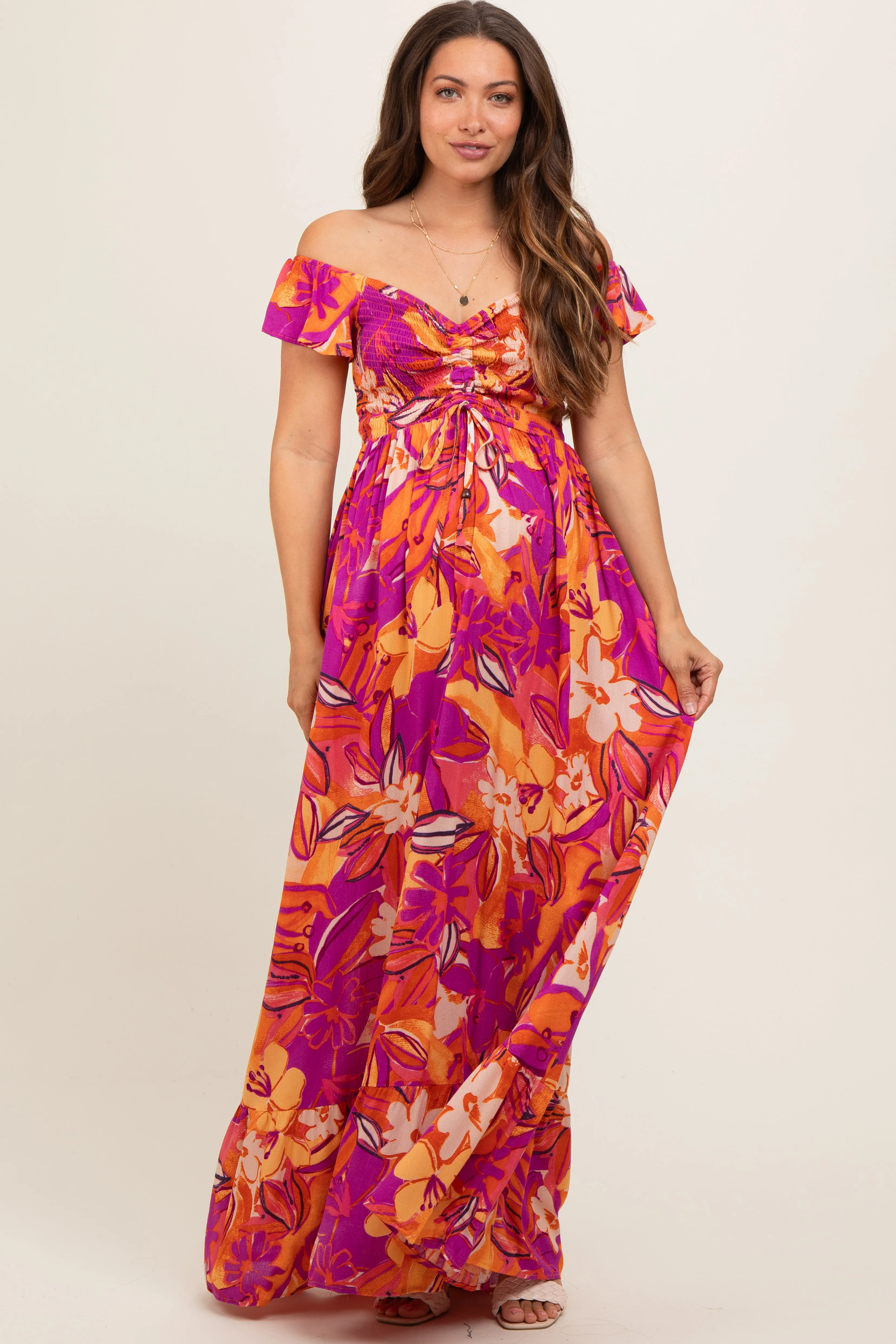 Coral Floral Smocked Off Shoulder Maternity Maxi Dress sold by Pinkblush product image thumbnail 2