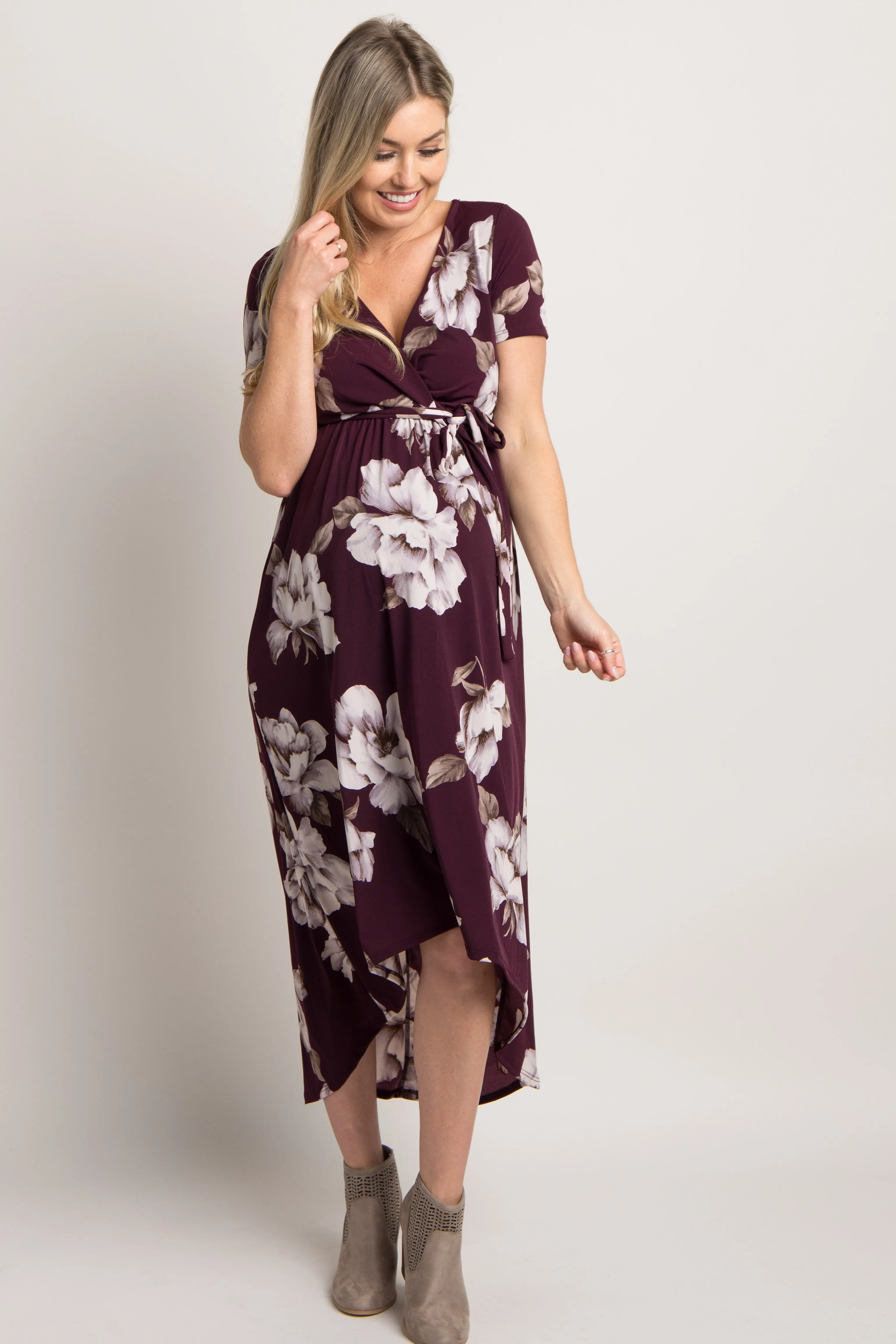 Plum Floral Hi-Low Maternity Wrap Dress sold by Pinkblush