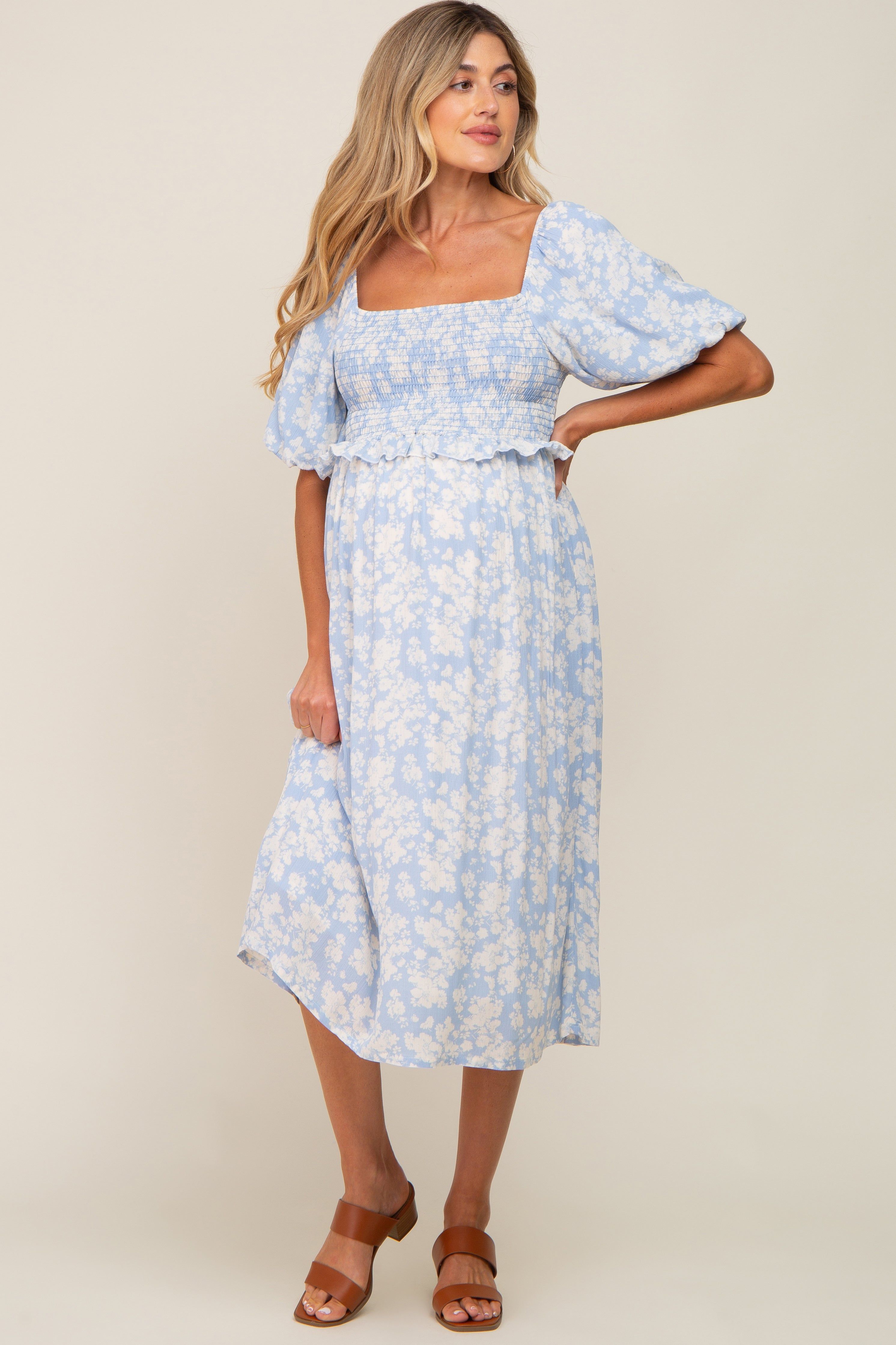 Light Blue Floral Smocked Maternity Midi Dress sold by Pinkblush product image thumbnail 4