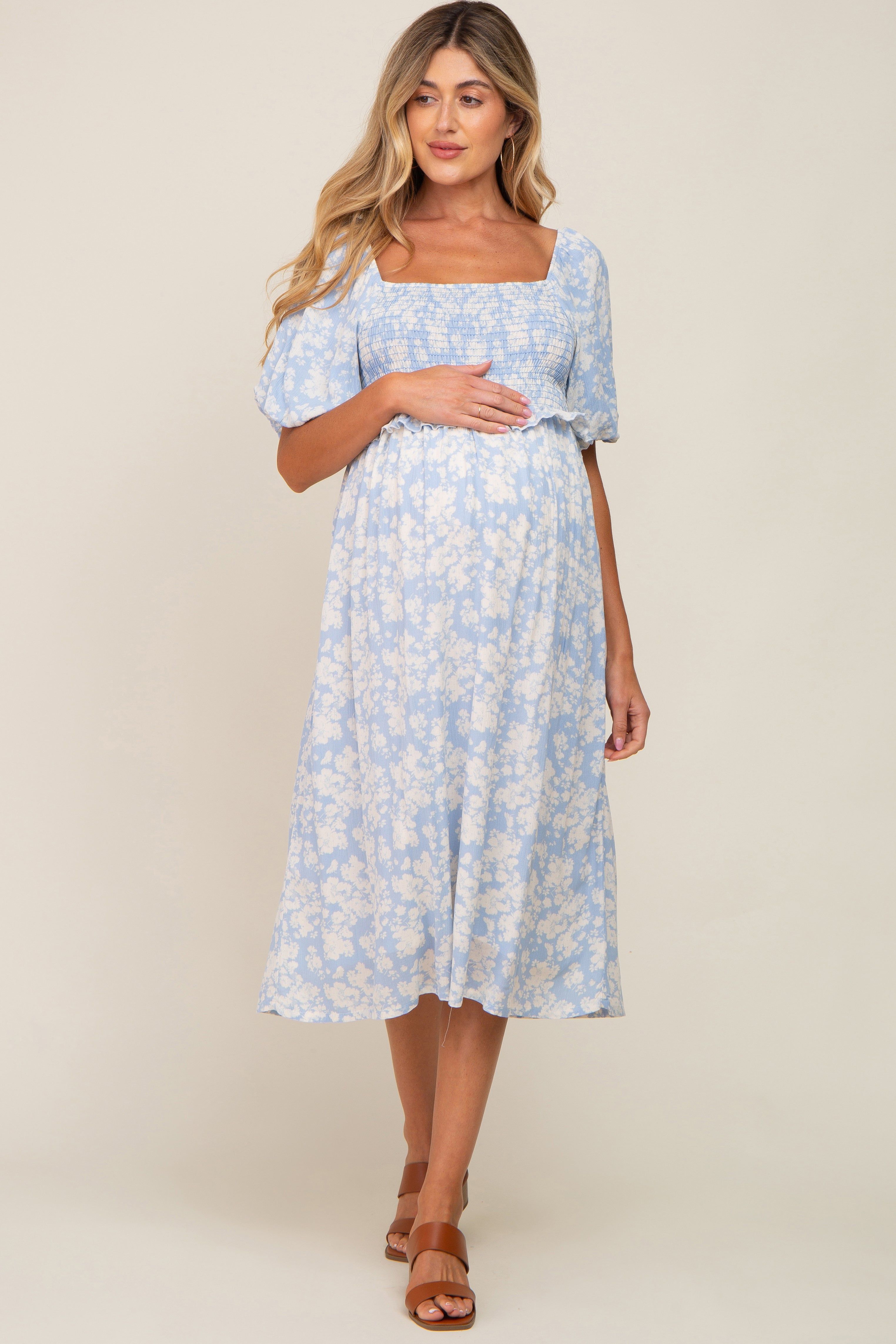 Light Blue Floral Smocked Maternity Midi Dress sold by Pinkblush