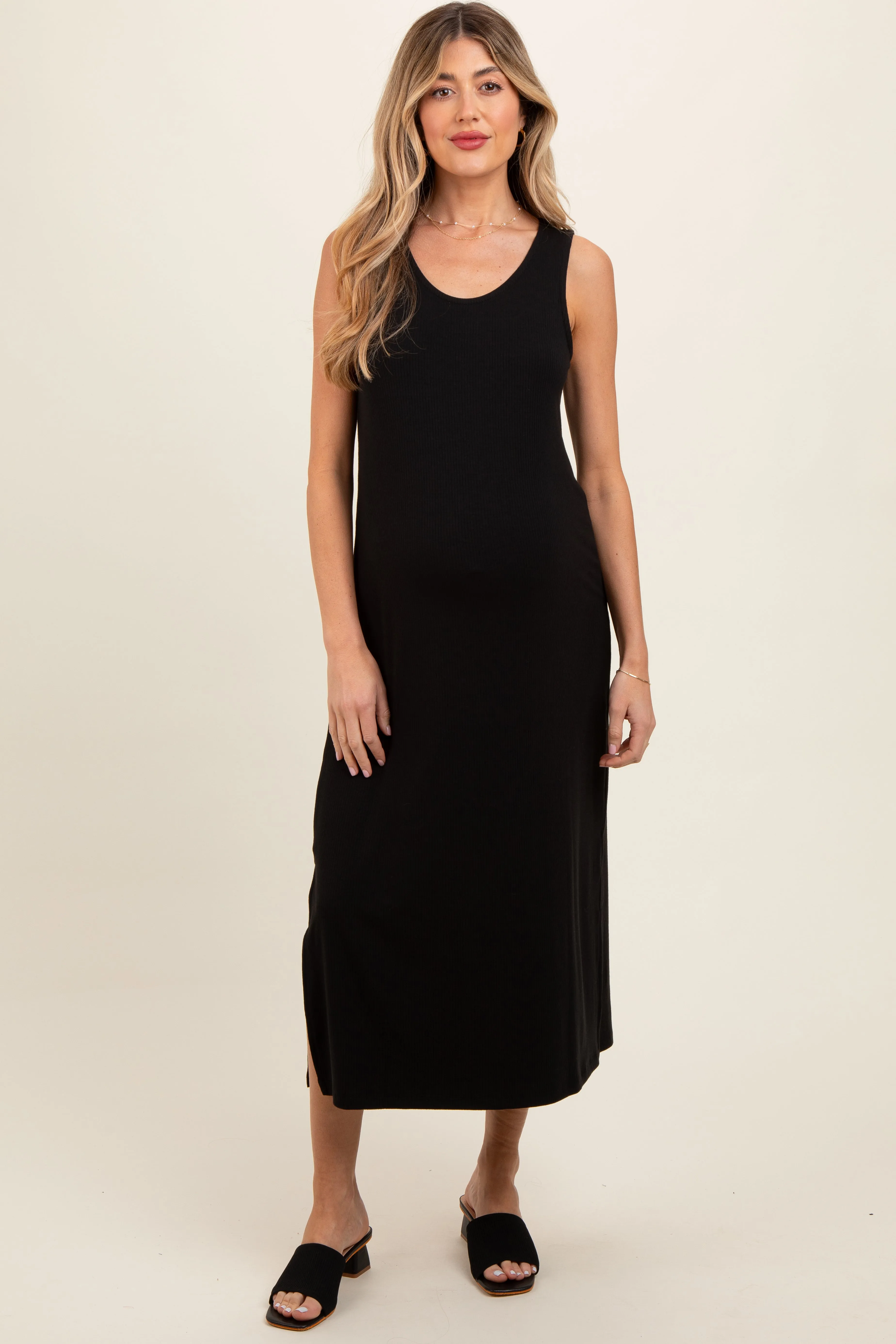 Black Ribbed Sleeveless Maternity Midi Dress sold by Pinkblush product image thumbnail 2