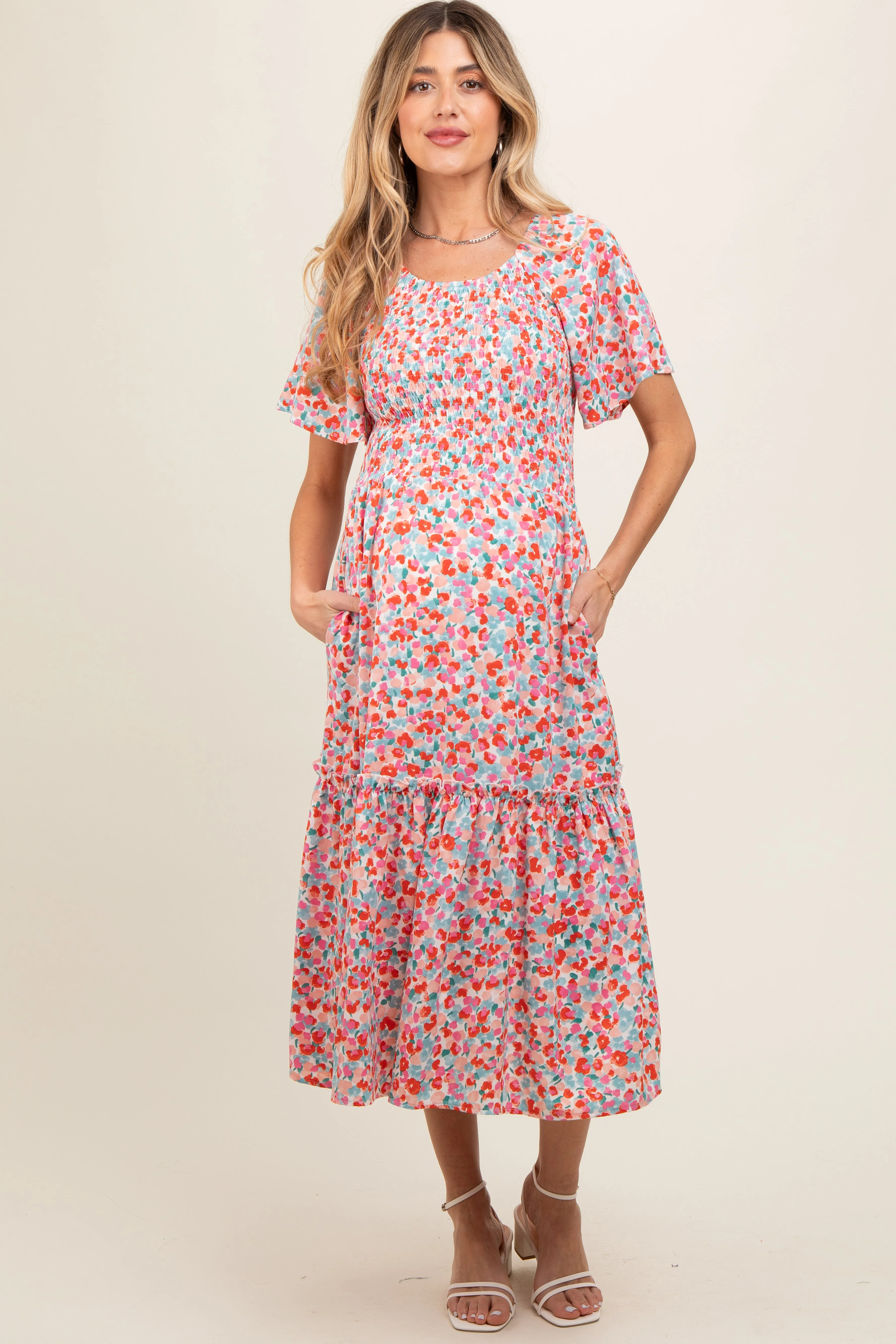 White Multicolor Floral Smocked Maternity Midi Dress sold by Pinkblush product image thumbnail 2