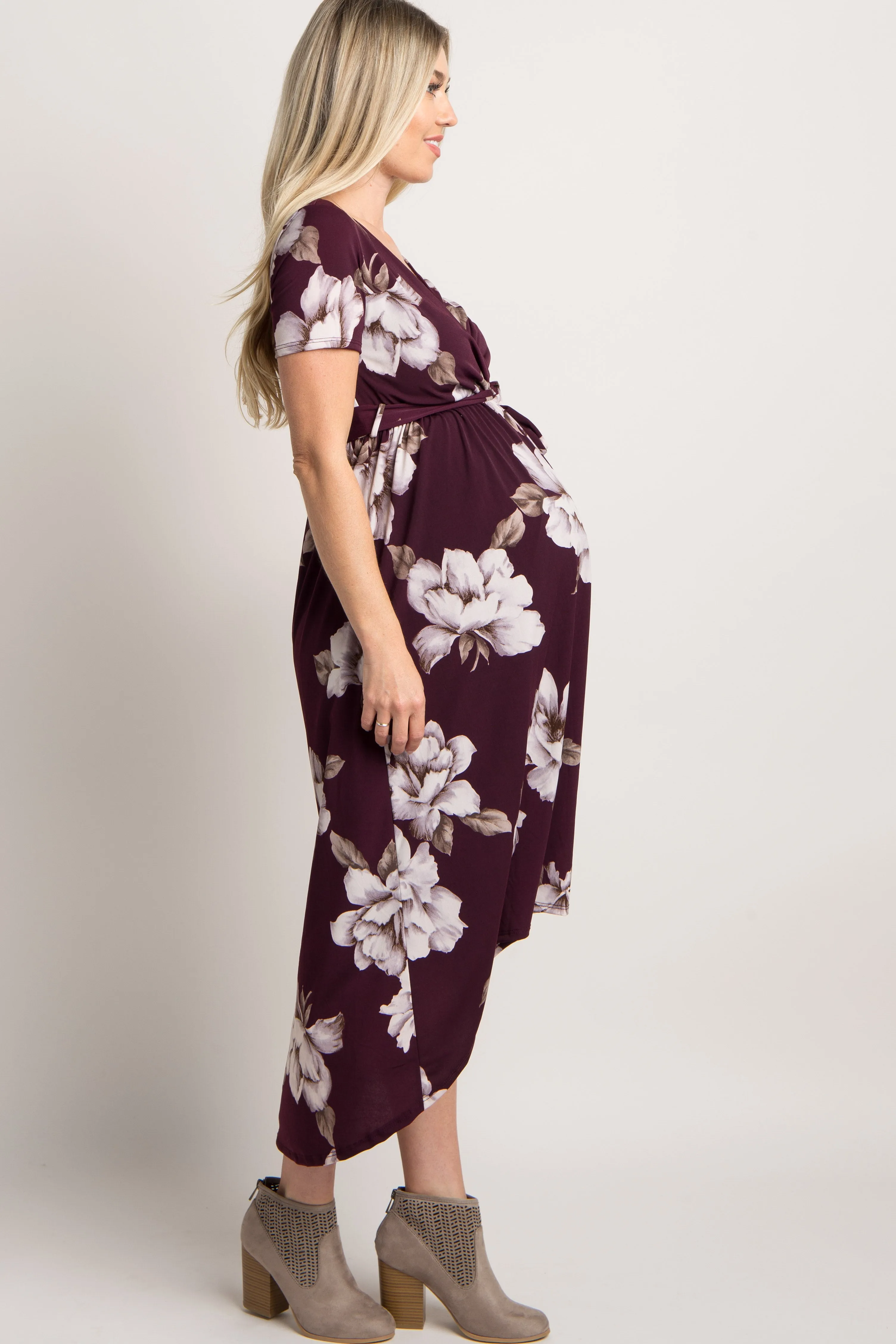 Plum Floral Hi-Low Maternity Wrap Dress sold by Pinkblush product image thumbnail 2