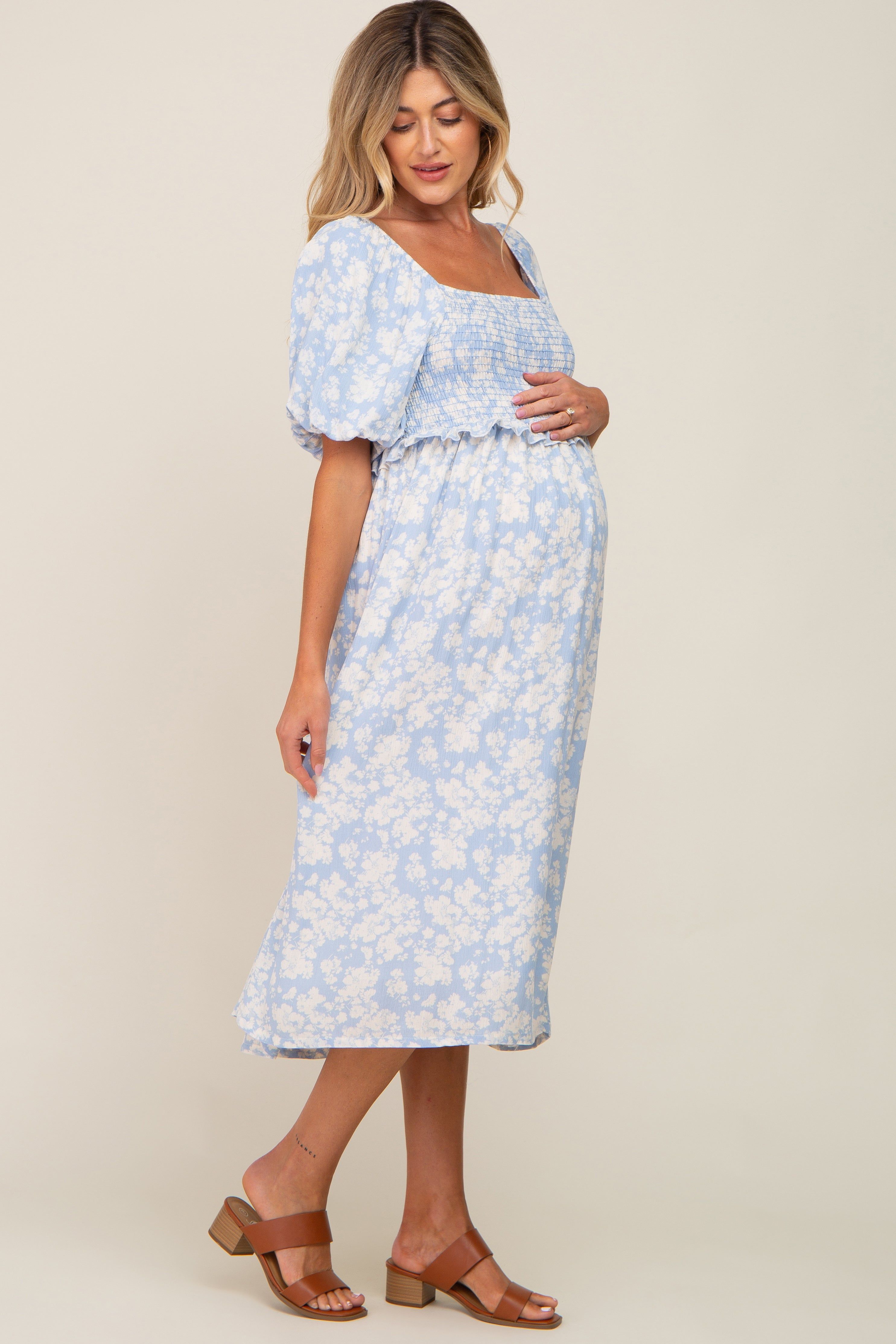 Light Blue Floral Smocked Maternity Midi Dress sold by Pinkblush product image thumbnail 2