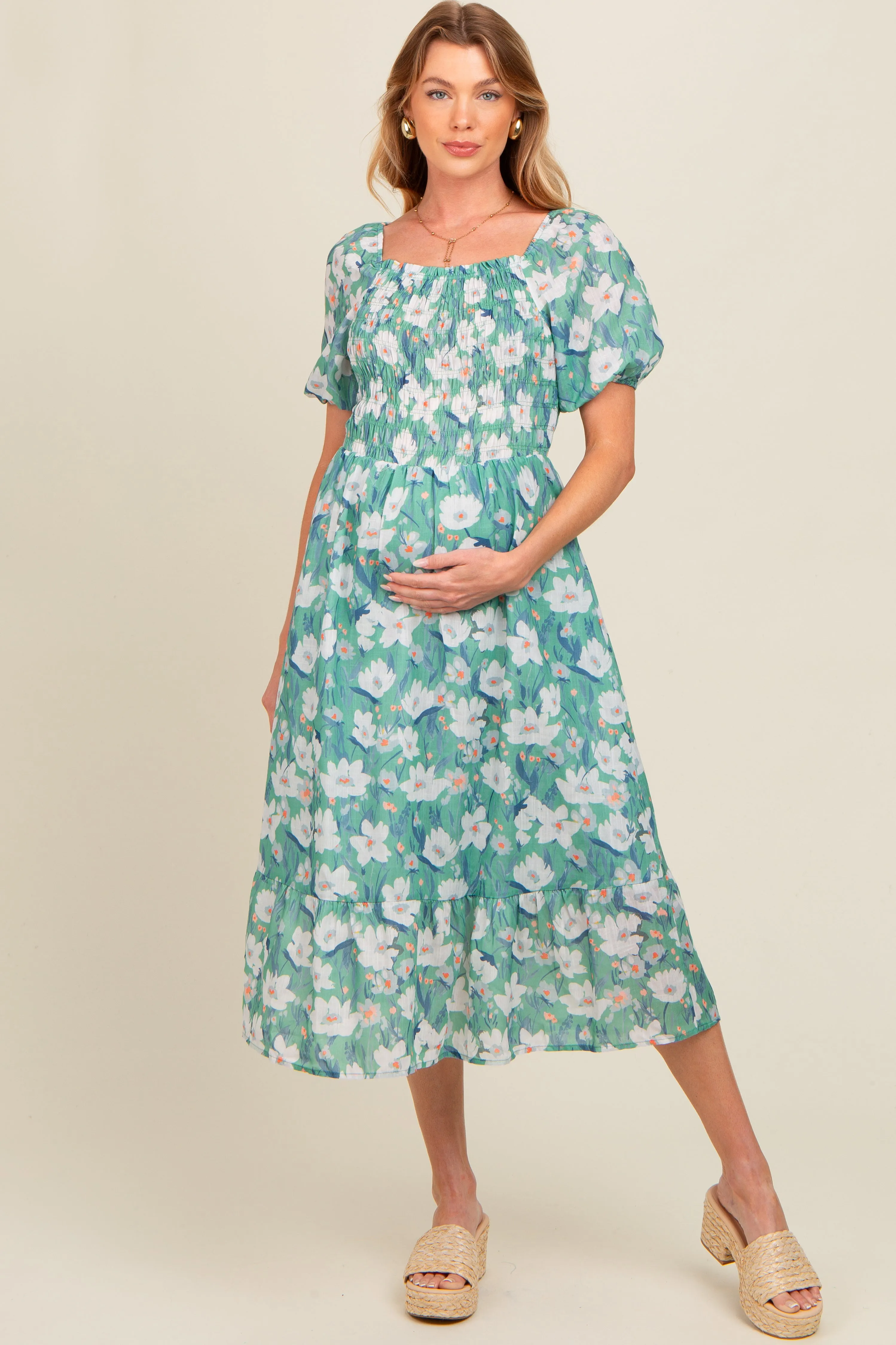 Jade Floral Smocked Maternity Midi Dress sold by Pinkblush