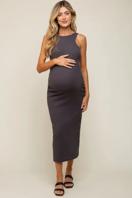 Charcoal Rib Knit Open Back Maternity Maxi Dress sold by Pinkblush